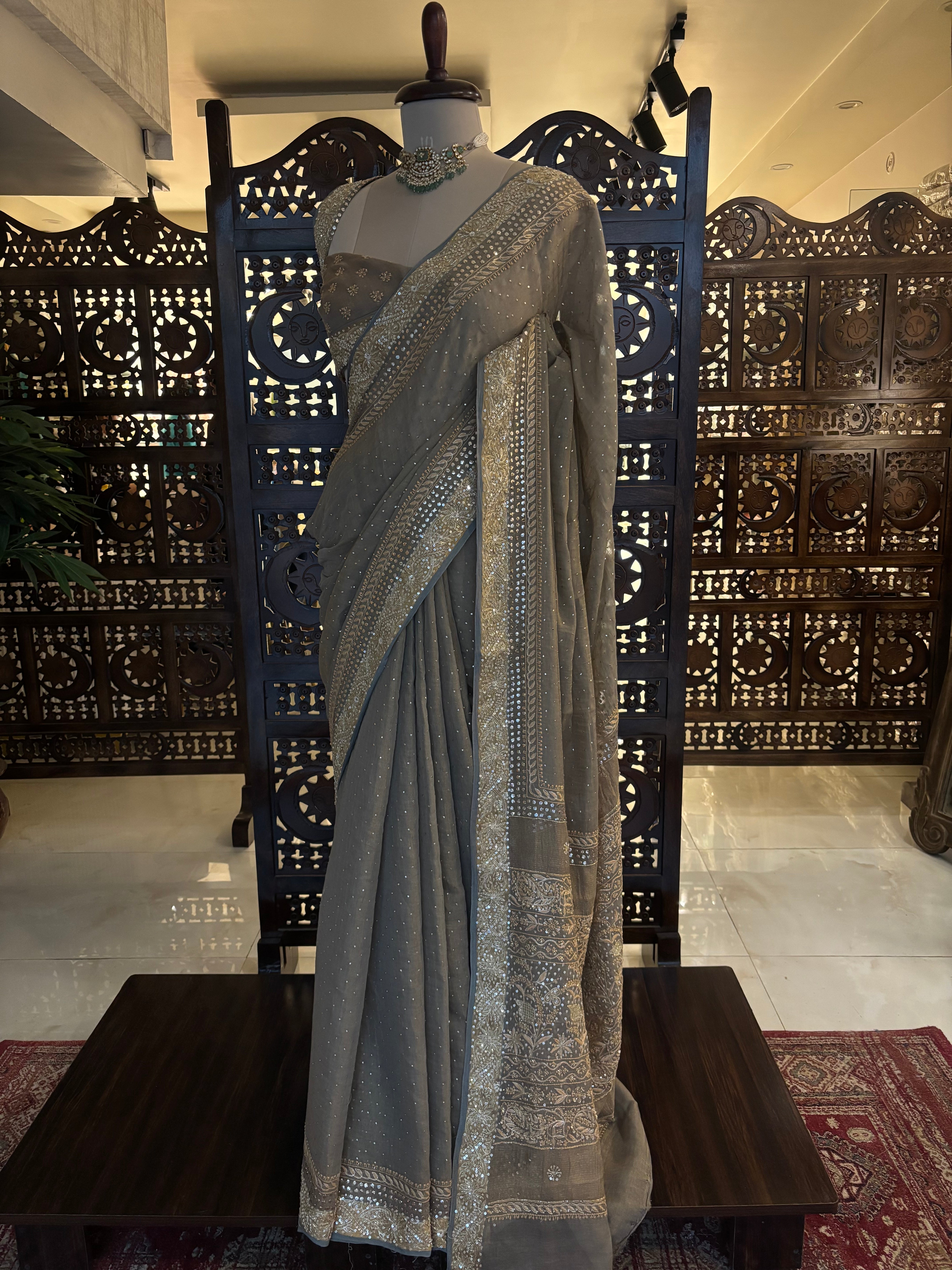 Sandrift Pure & Premium Tissue Mukaish Chikankari Saree