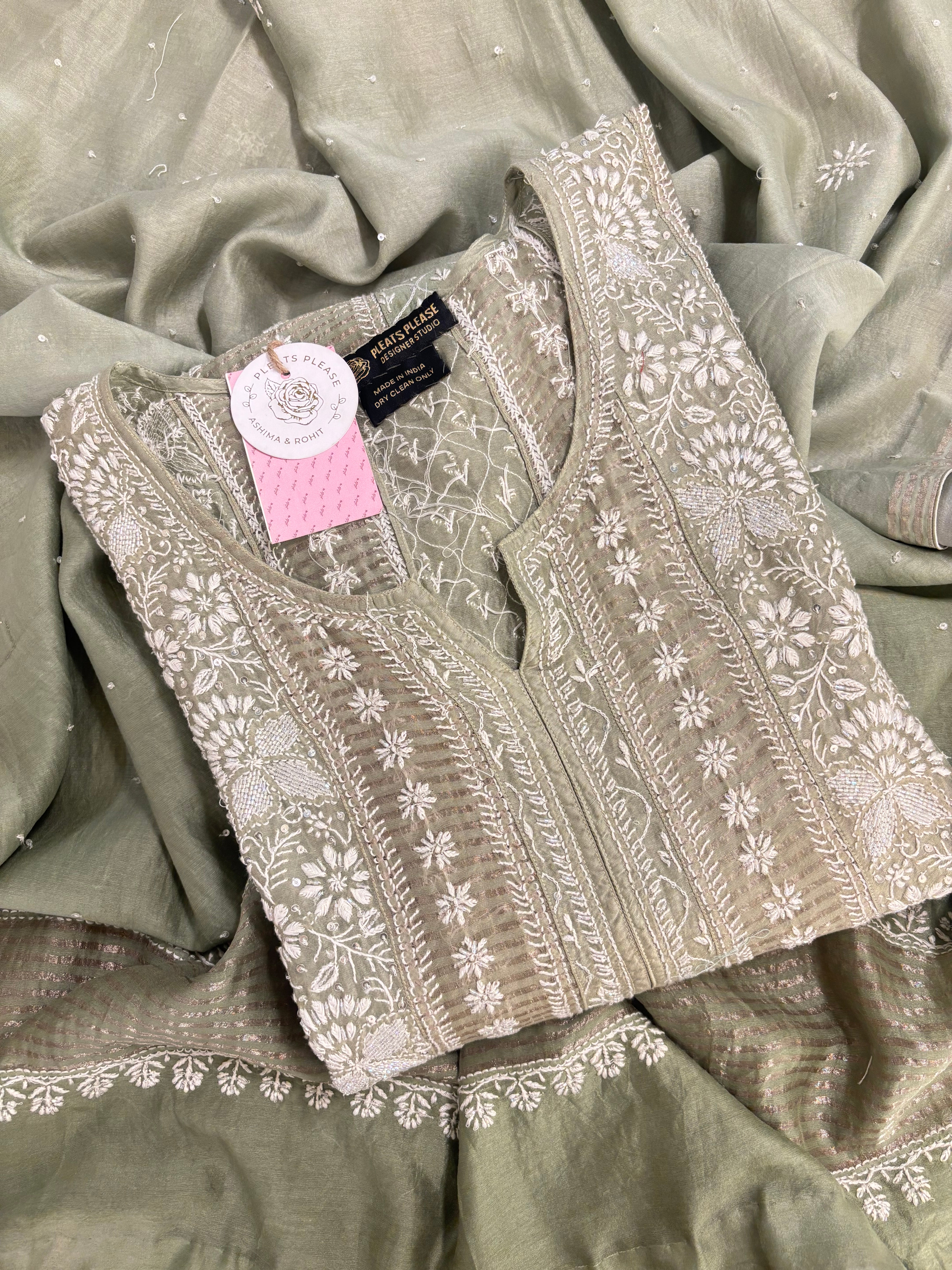 Olive Green Ombré Chanderi Chikankari Anarkali & Dupatta Set