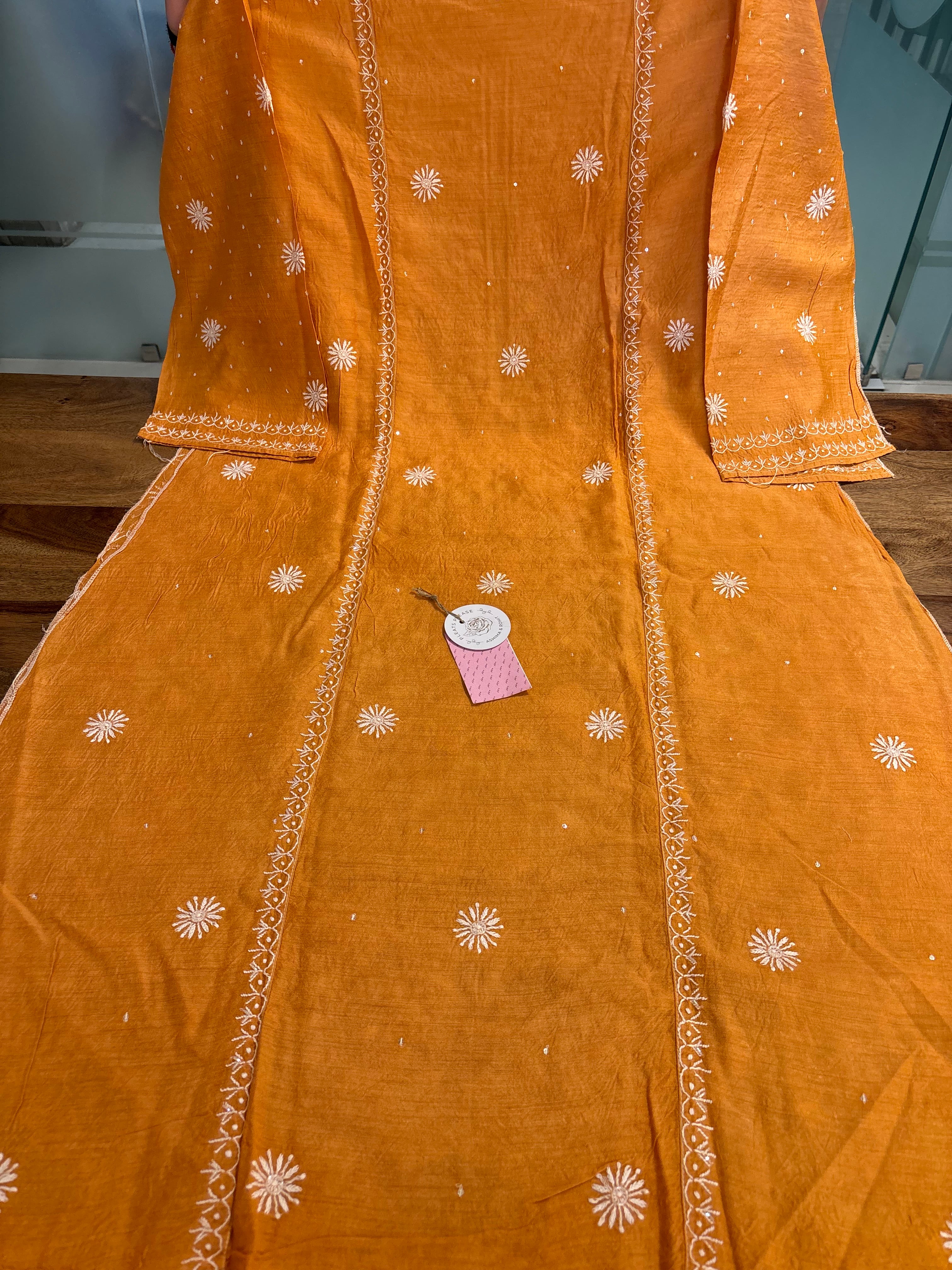 Orange Monga Silk Chikankari Kurta Dupatta Set