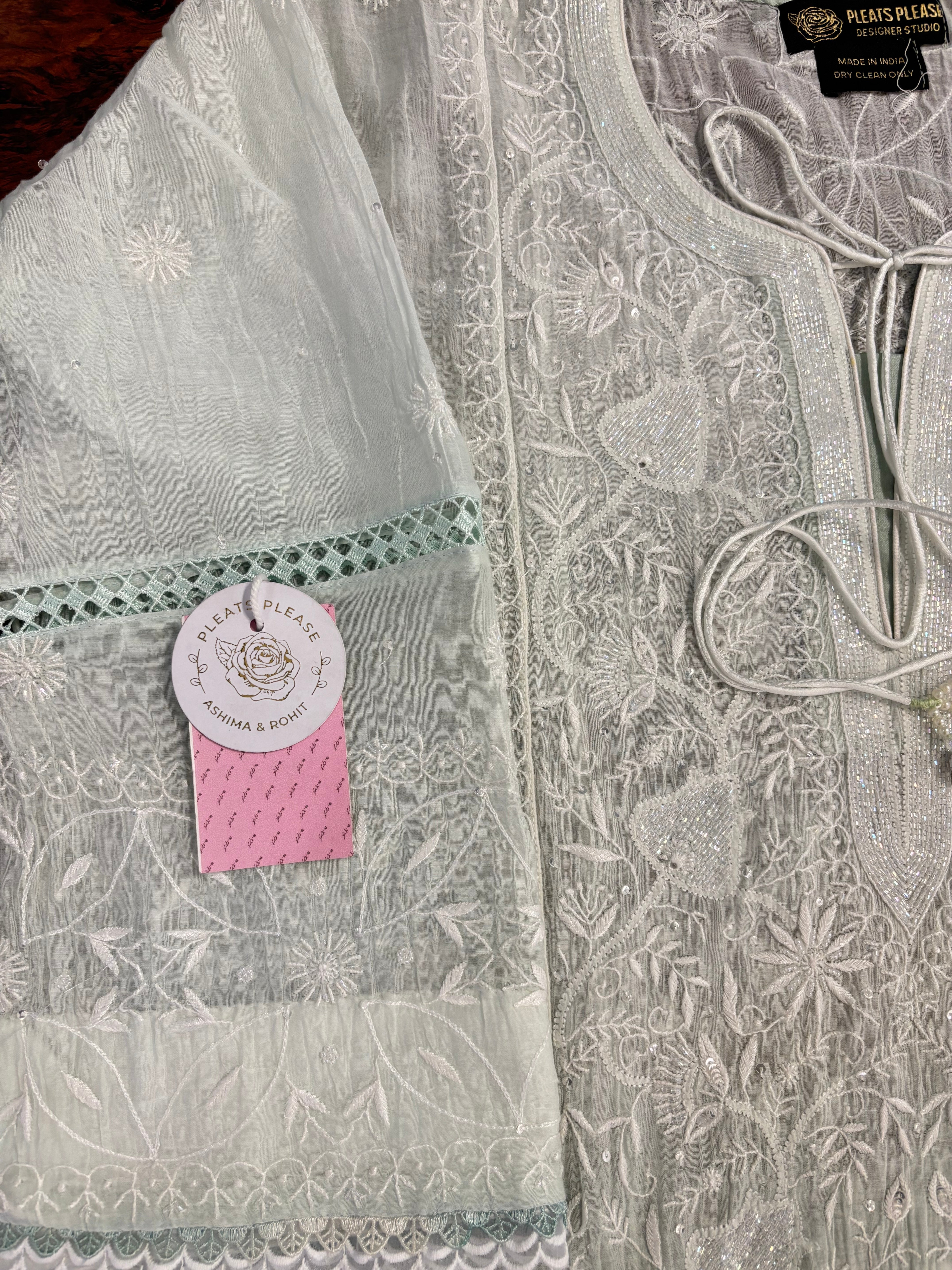 Sage Green Ombré Chanderi Mul Chikankari Kurta & Dupatta With Bottom - Pleats PleaseChikankari