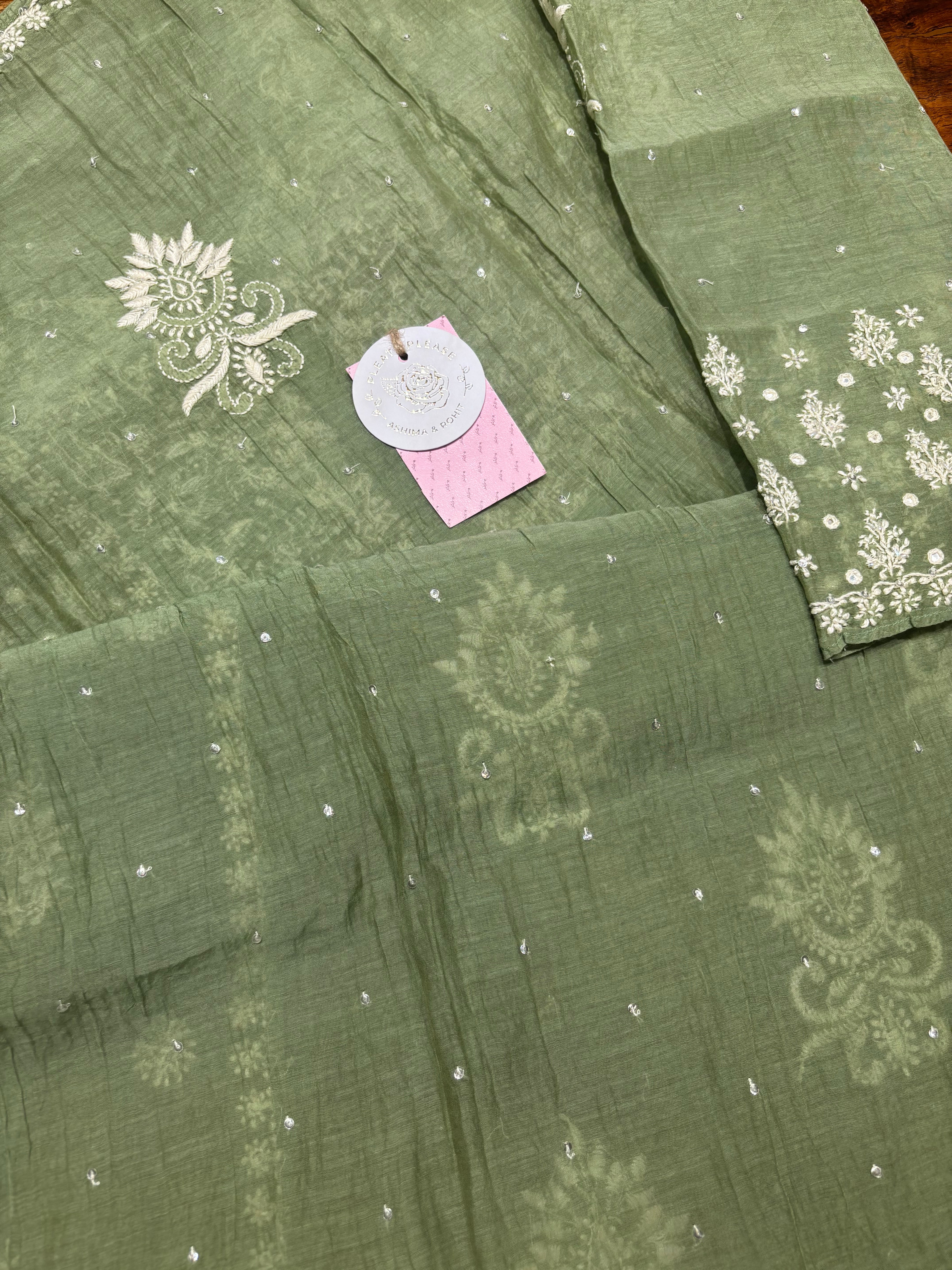 Sage Green Chanderi Mul Chikankari Kurta, Sharara & Dupatta Set