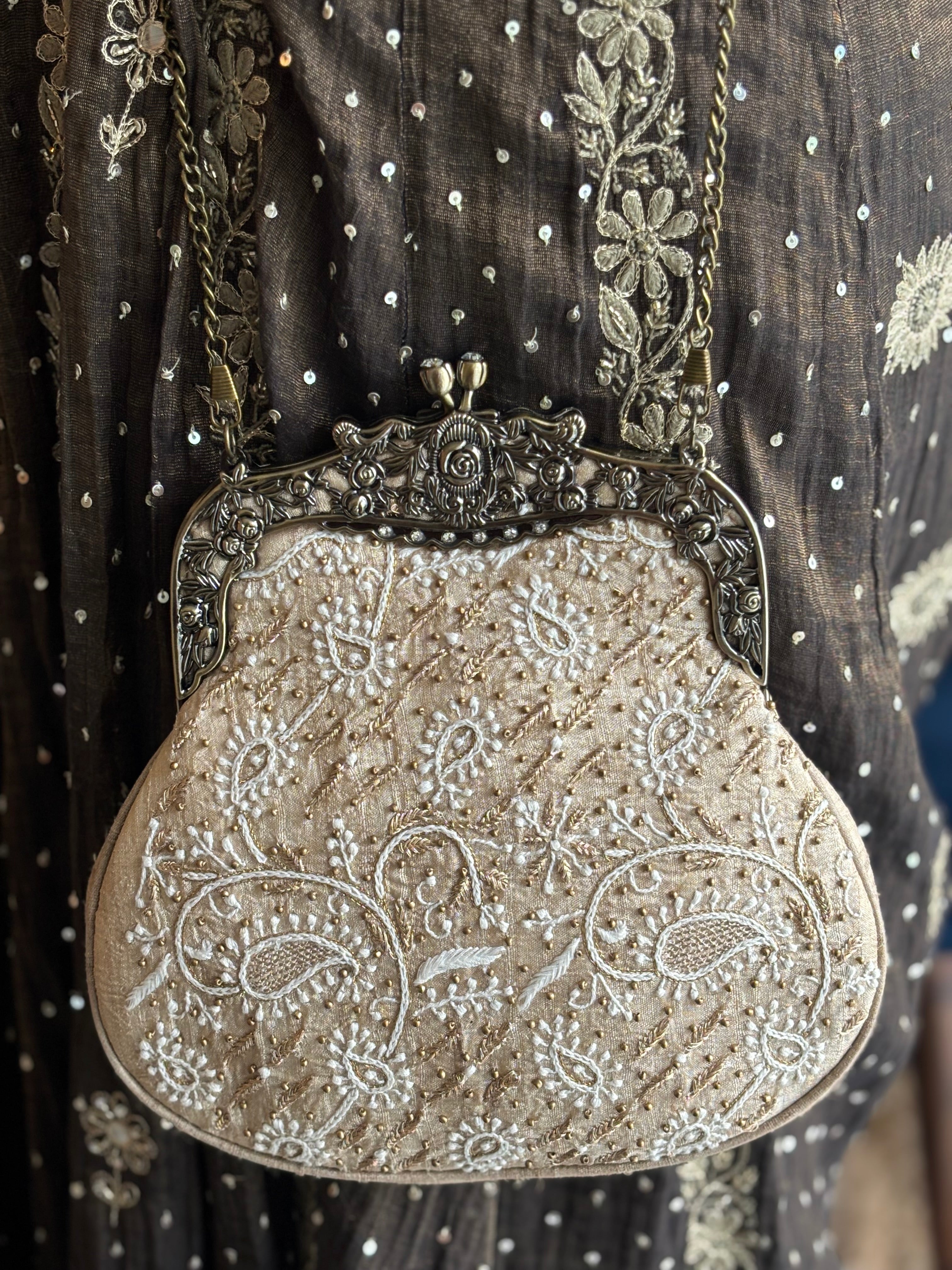 Beige Silk Chikankari Clutch