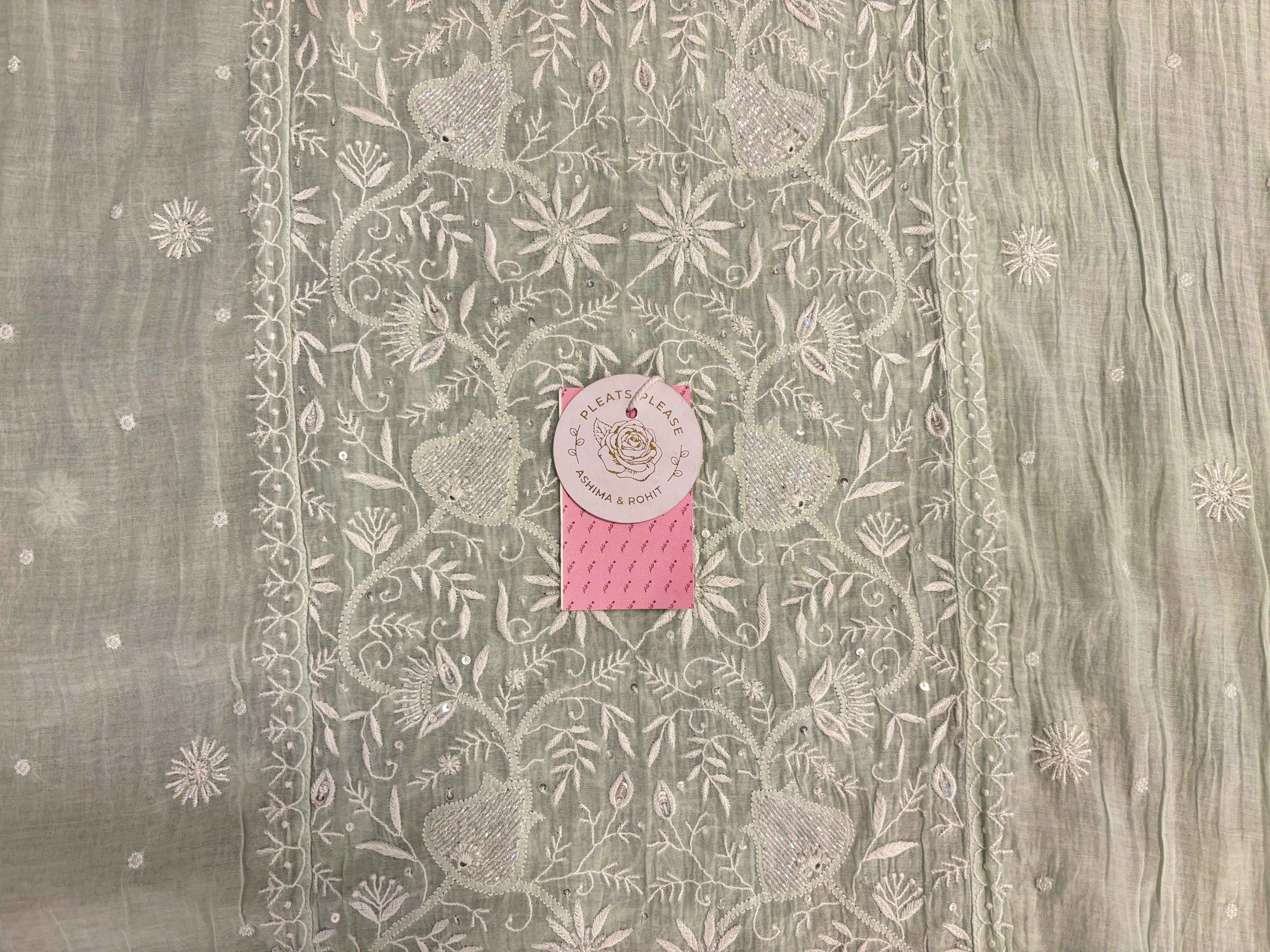 Sage Green Ombré Chanderi Mul Chikankari Kurta & Dupatta With Bottom - Pleats PleaseChikankari