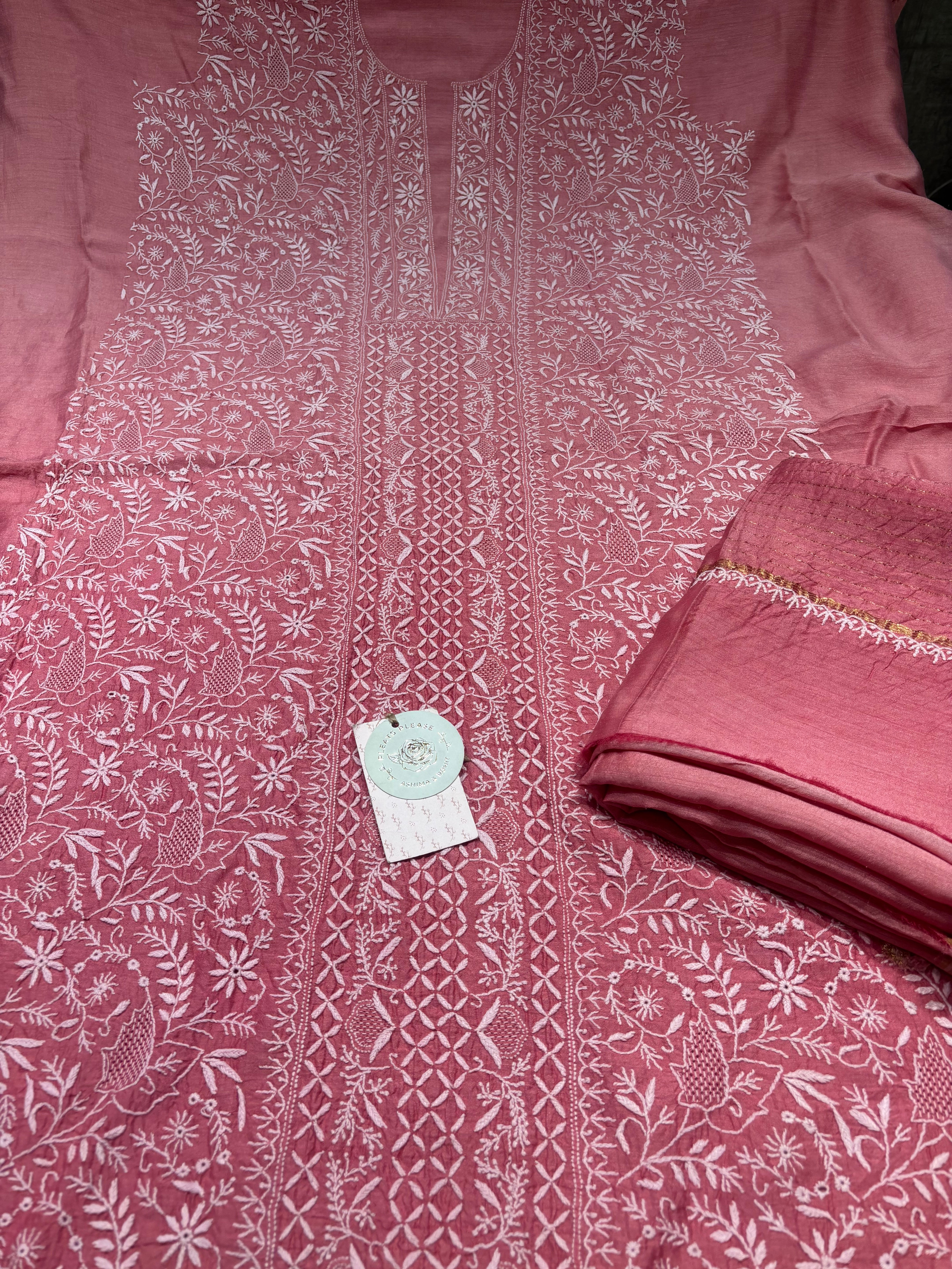 Flamingo Pink Ombre Pure & Premium Monga Silk Chikankari Kurta & Dupatta Fabric