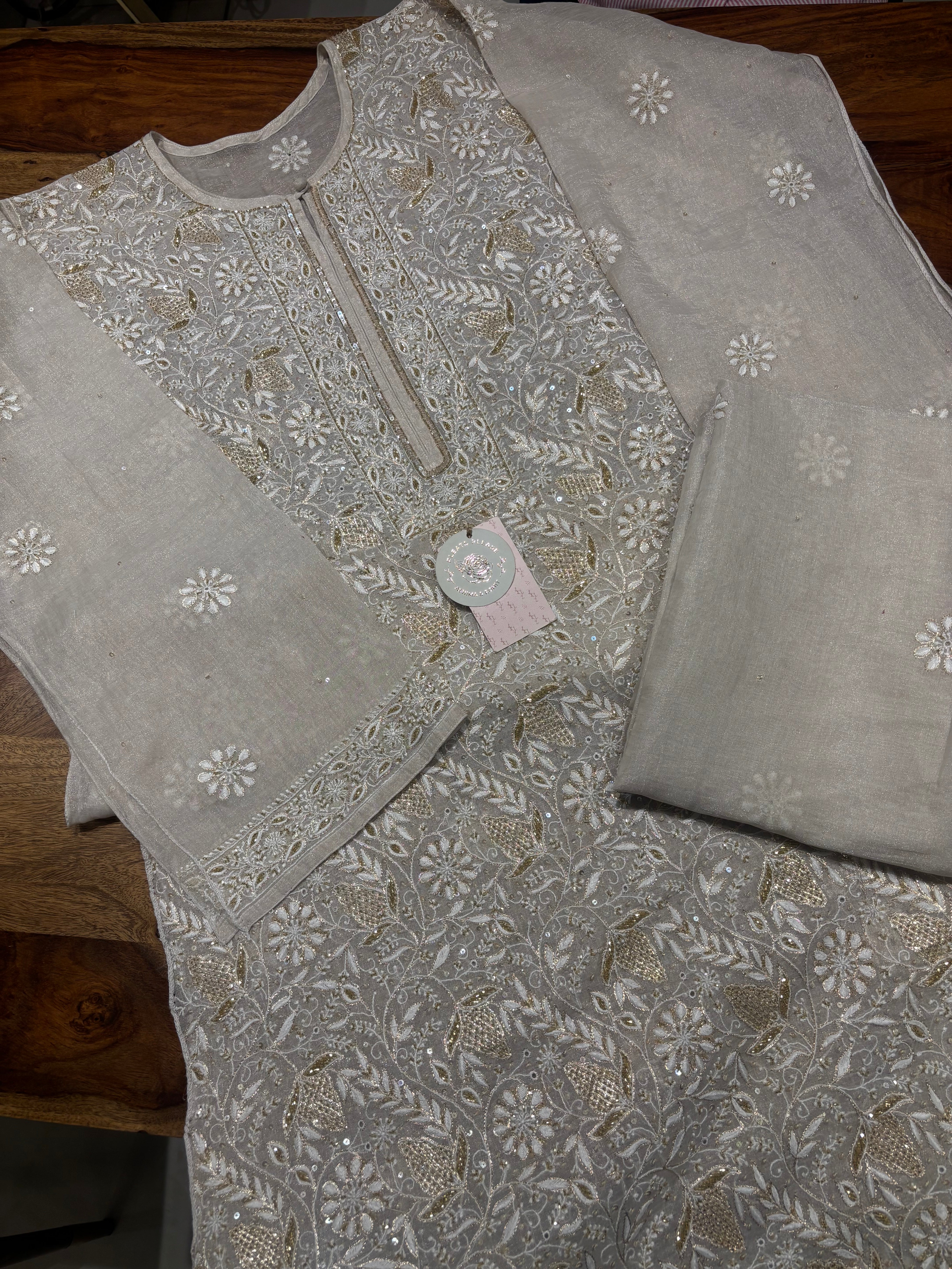 Dyeable Pure & Premium Silver Tissue Chikankari Kurta & Dupatta Set