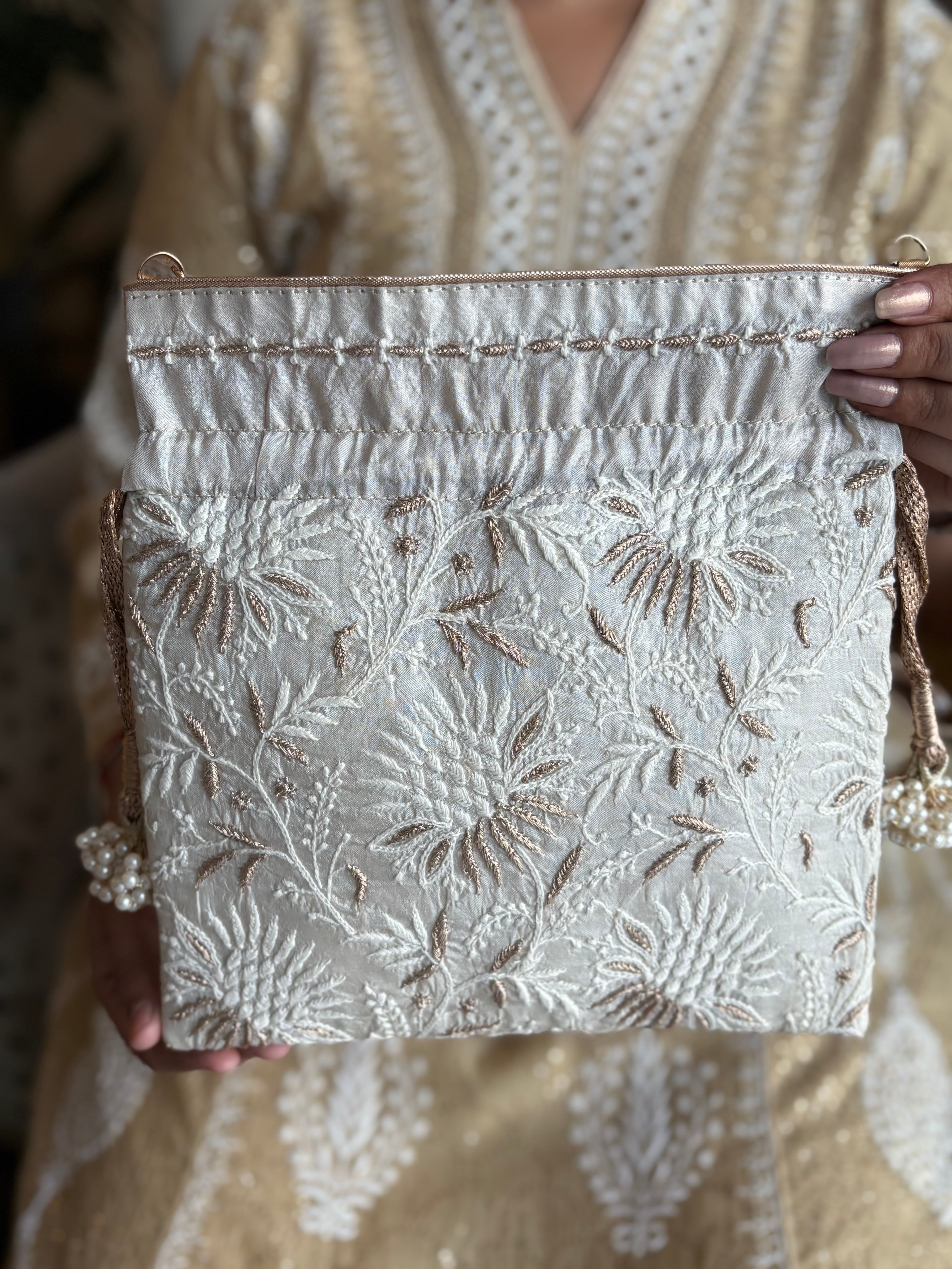 Ivory Silk Chikankari Potli