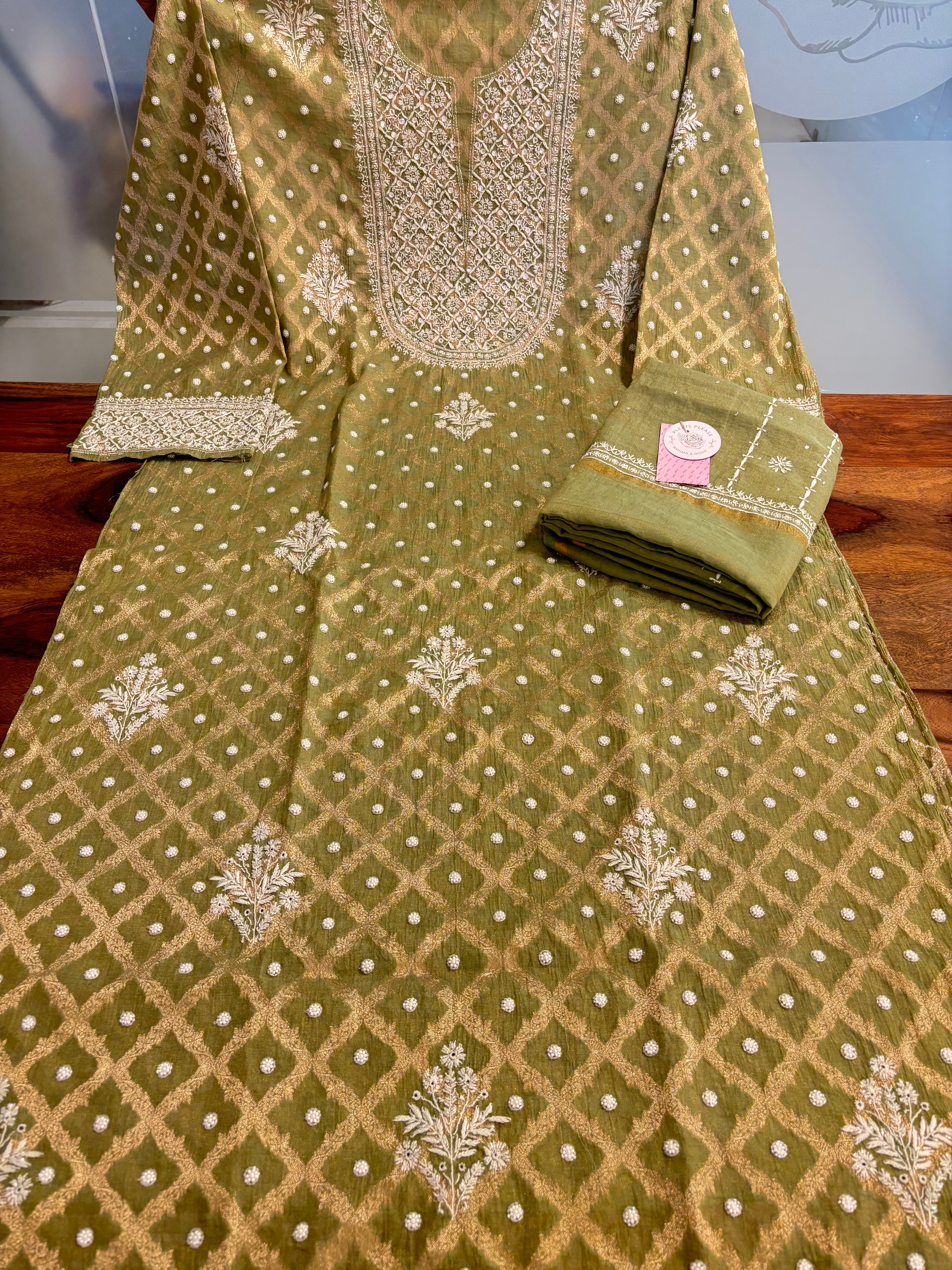 Olive Green Pure Tissue Chanderi Banarasi Silk Chikankari Kurta & Dupatta