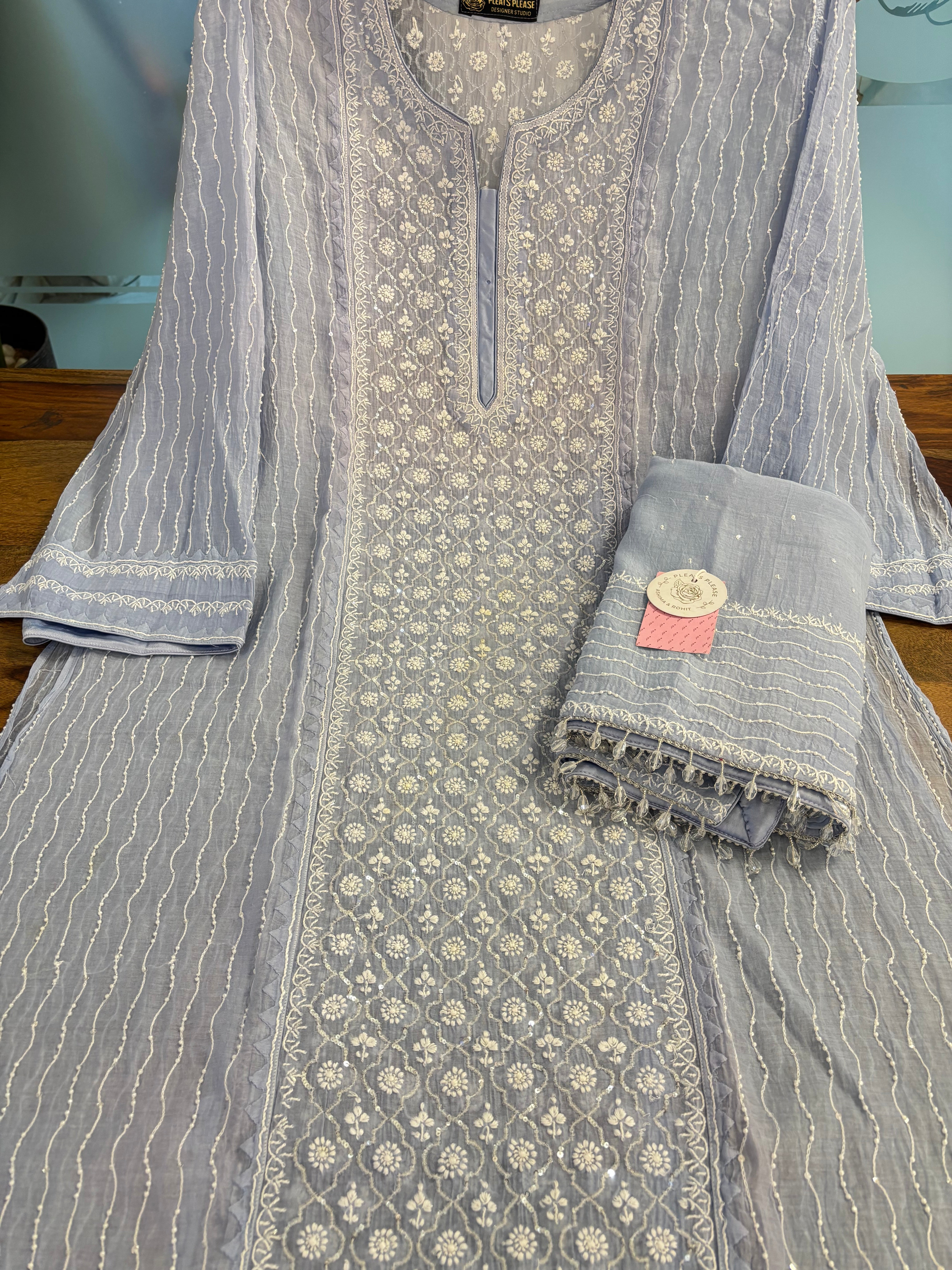 Powder Blue Chanderi Chikankari Kurta & Dupatta