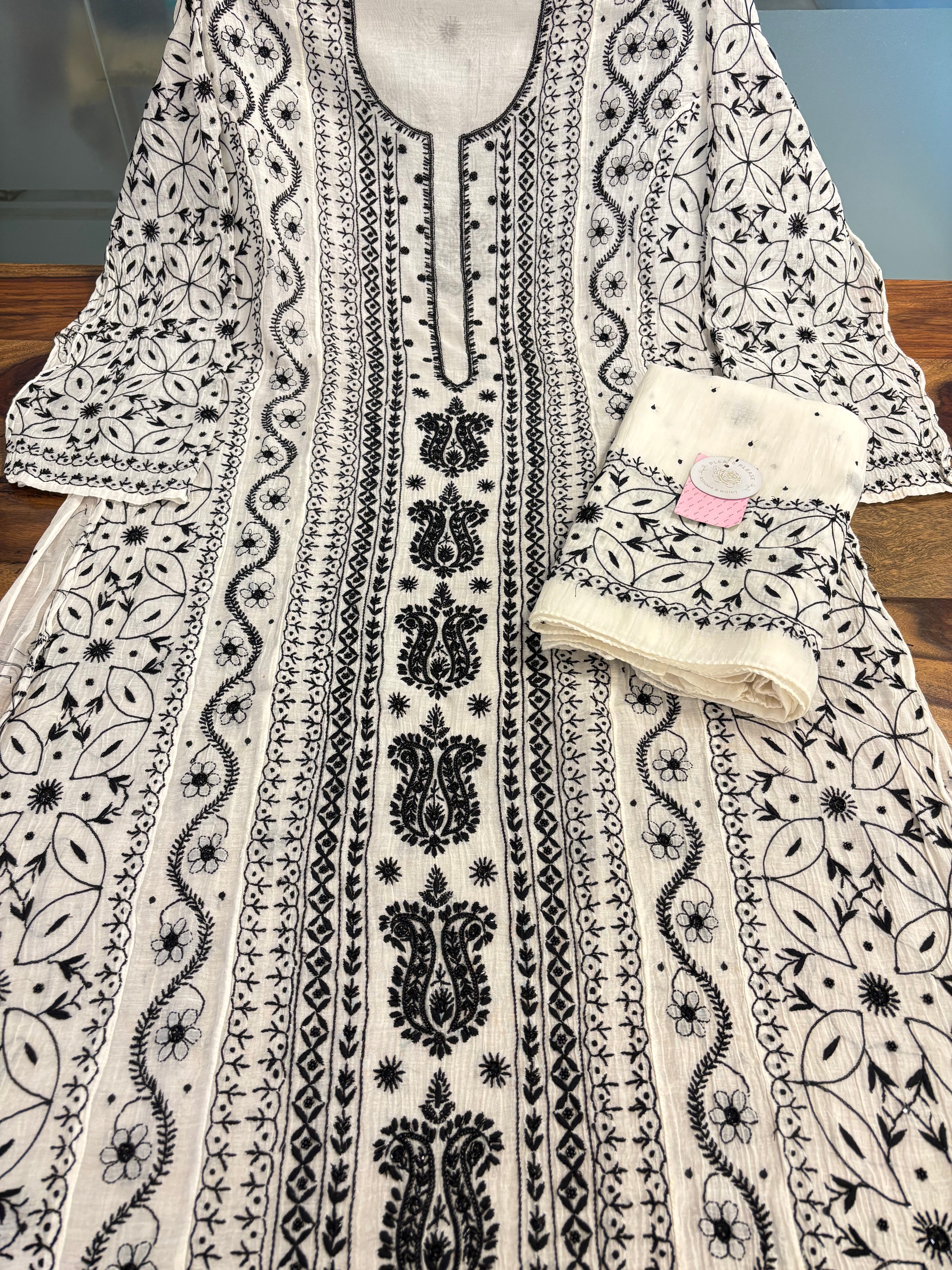 Dyeable Pure Chanderi Mul Chikankari Kurta & Dupatta