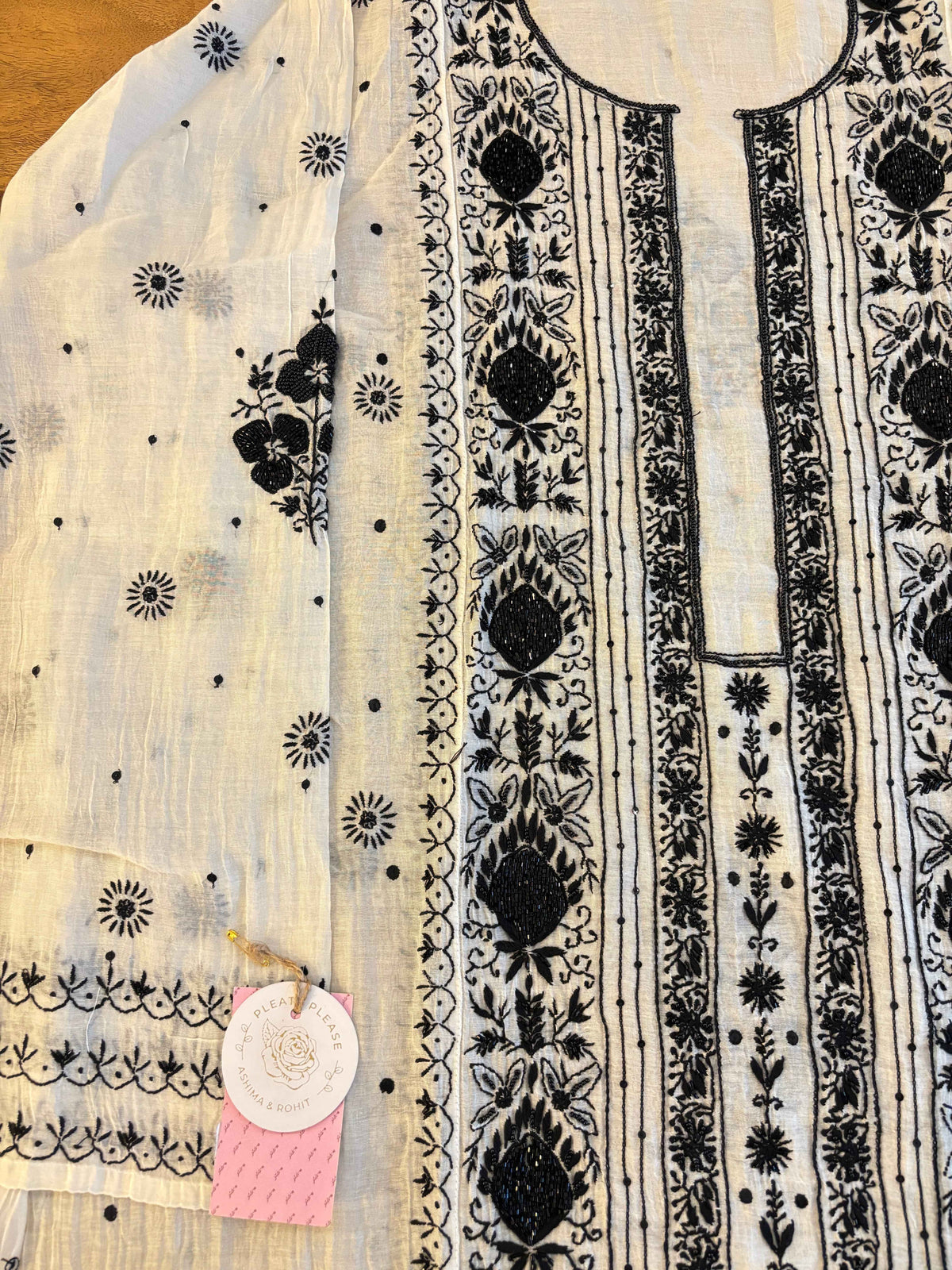 Dyeable Black & White Chanderi Chikankari Kurta & Dupatta