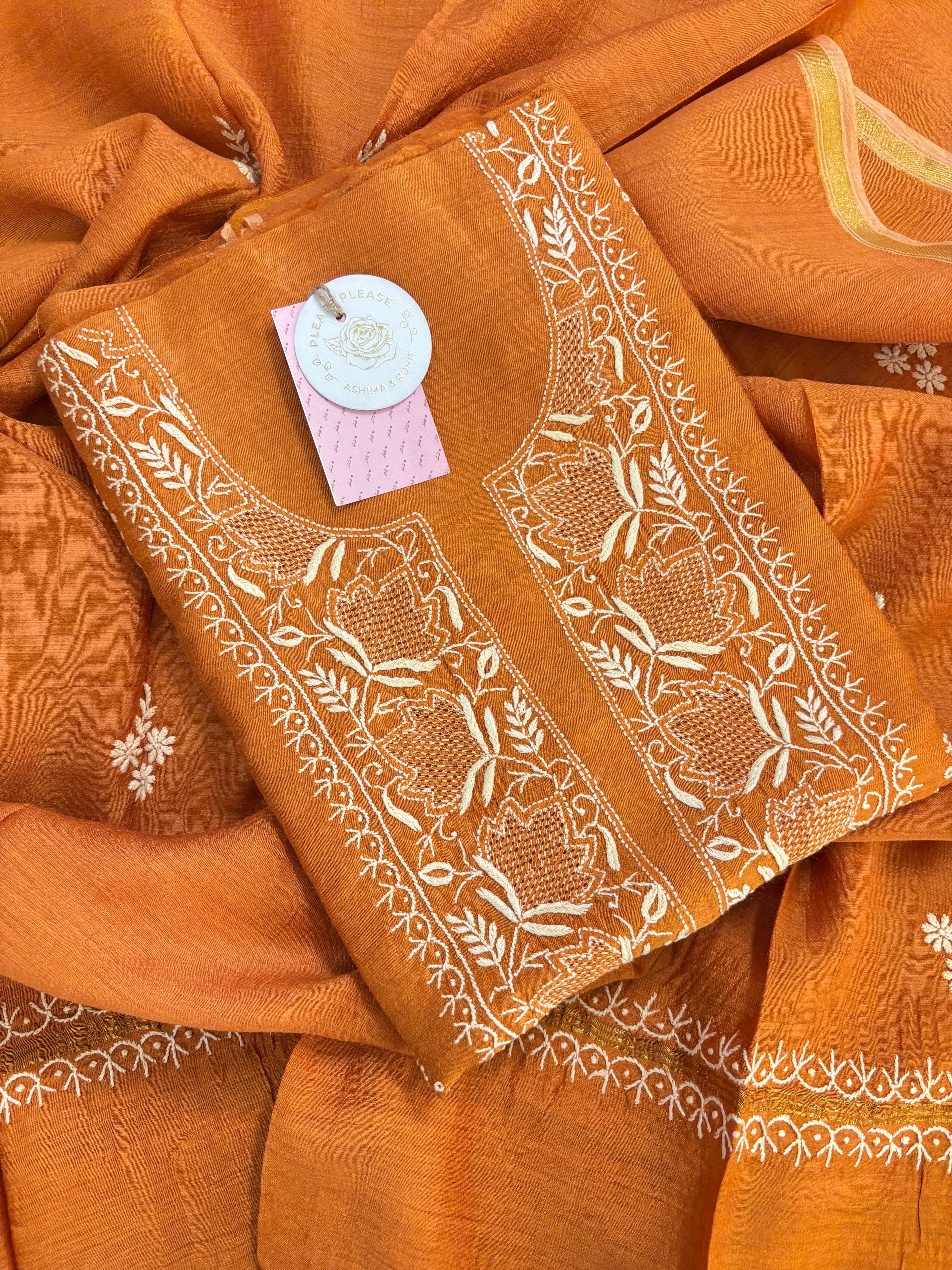 Burnt Orange Monga Silk Chikankari Kurta & Dupatta