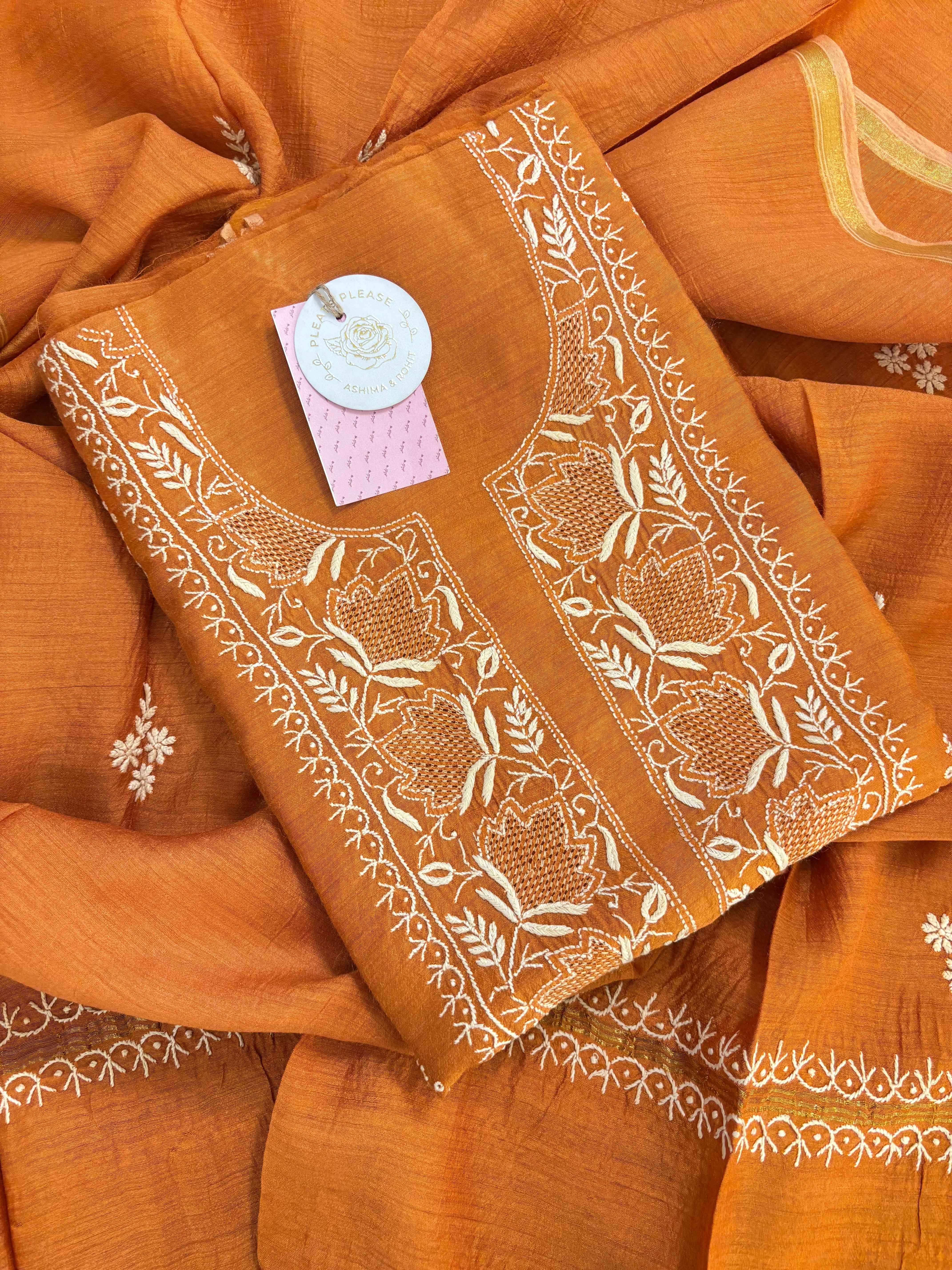 Burnt Orange Monga Silk Chikankari Kurta & Dupatta