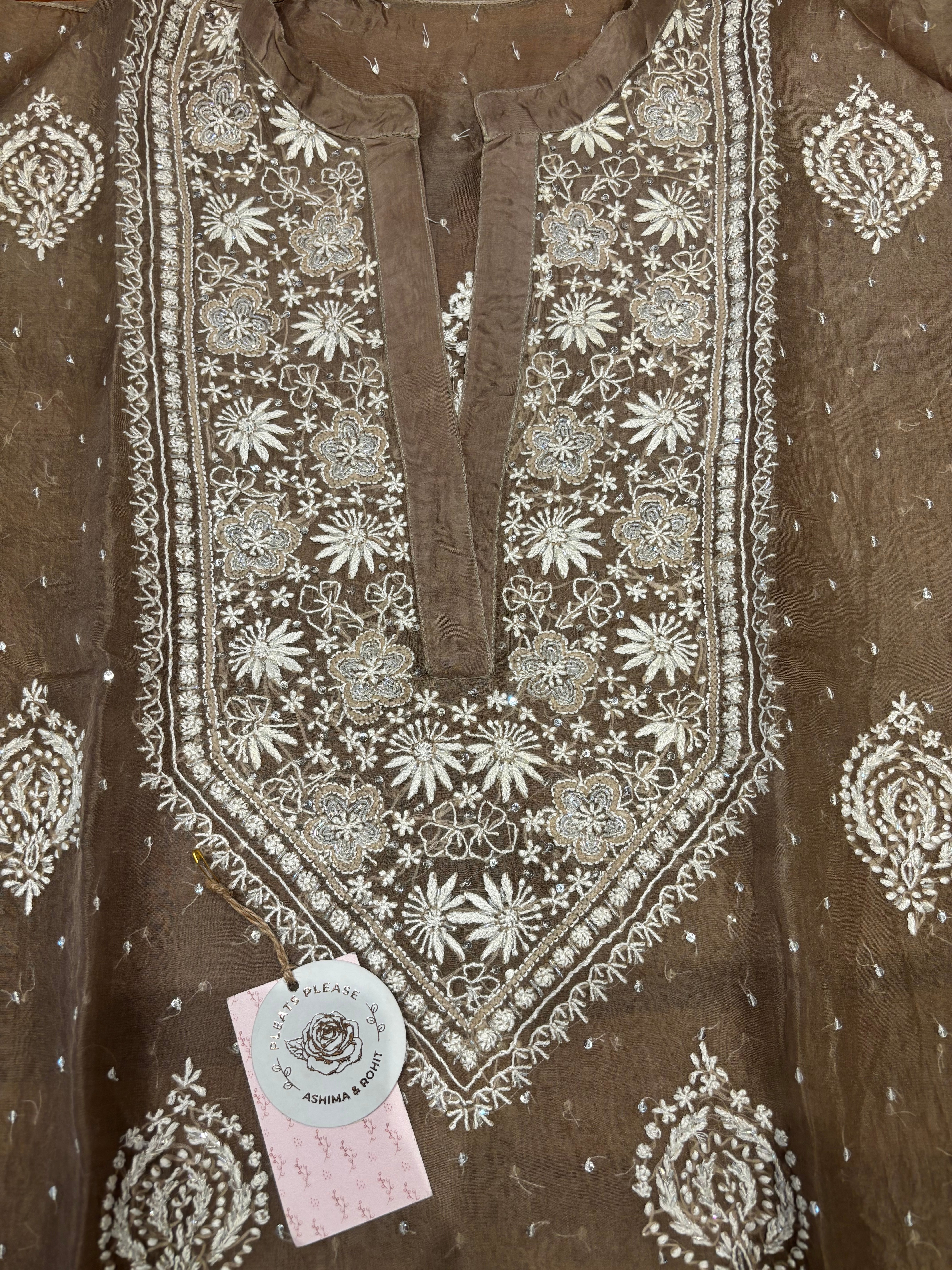 Brown Organza silk Chikankari Co-ord