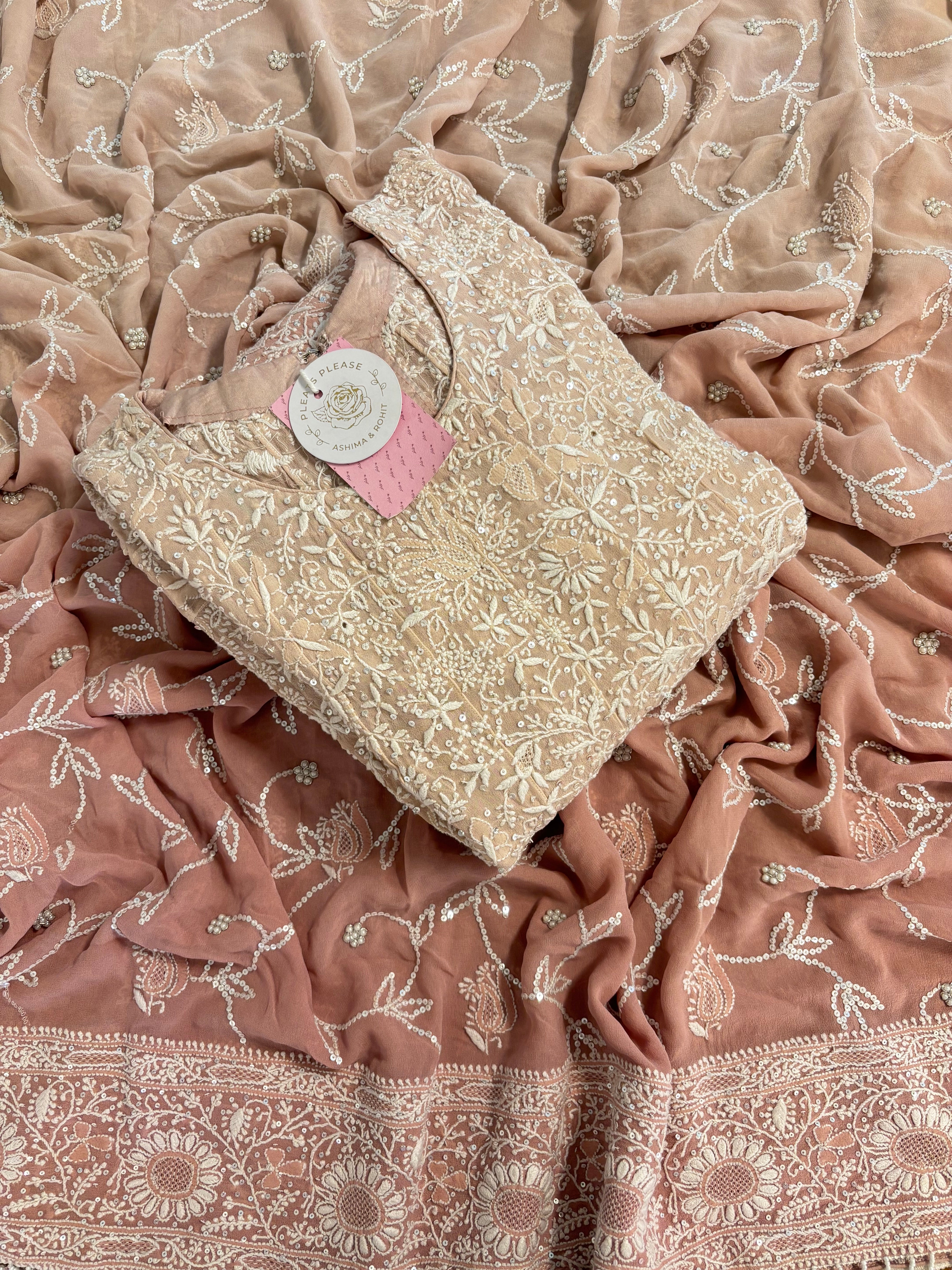 Old Rose Ombre Pure & Premium Georgette Chikankari A-line Anarkali