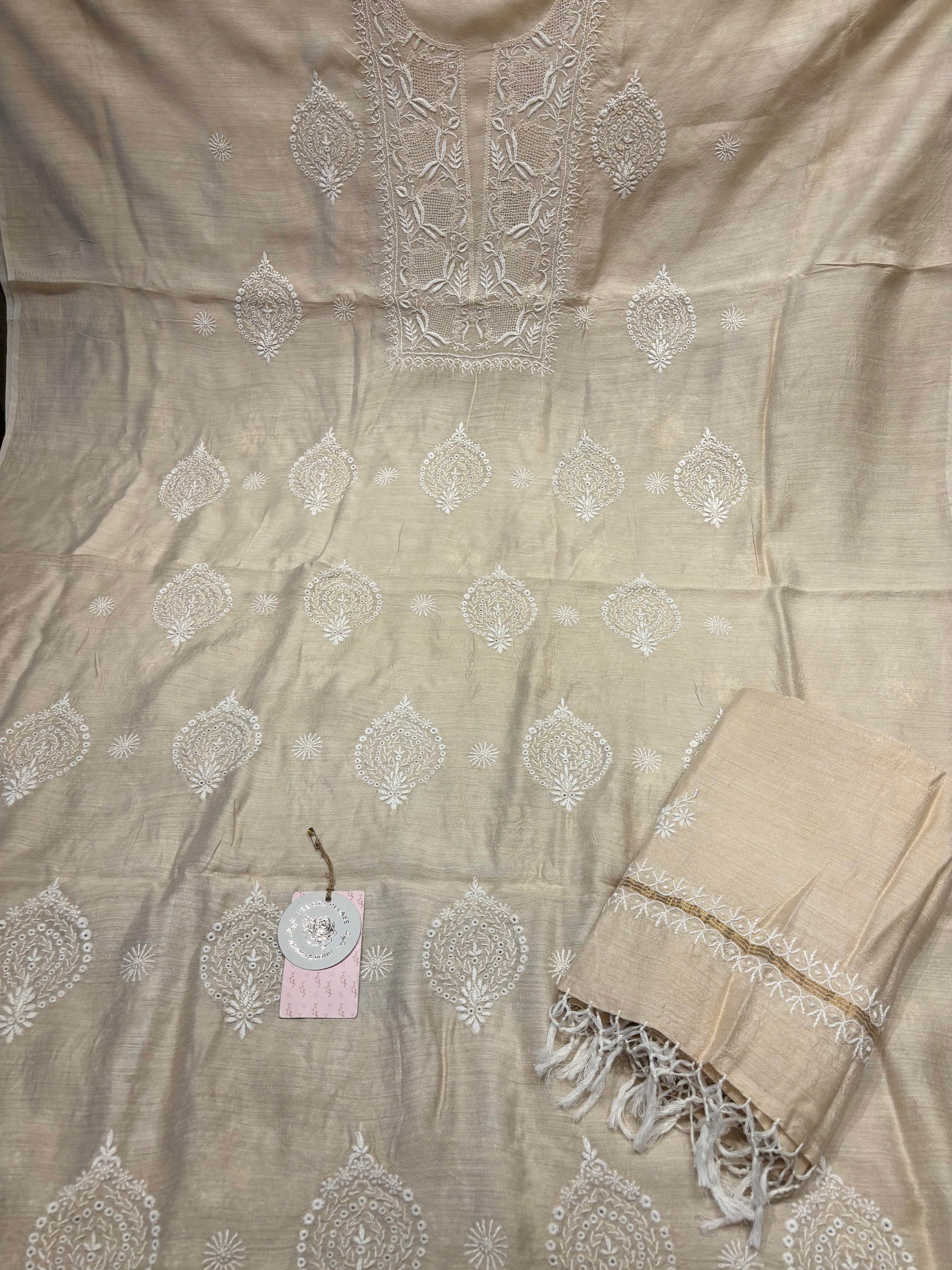 Natural Silk Chikankari Kurta and Dupatta Fabric