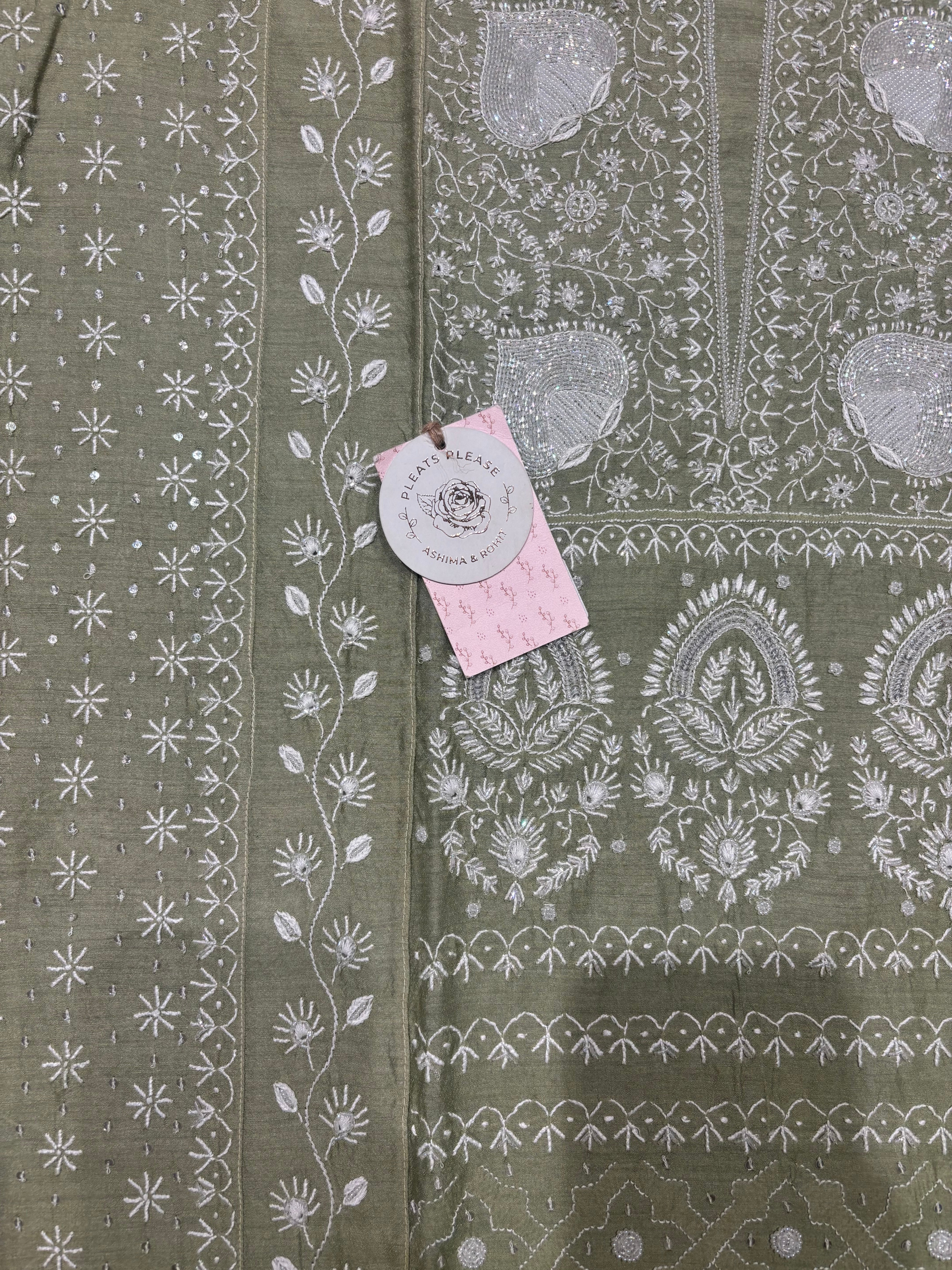 Mossy Green Pure and Premium Monga Silk Chikankari Kurta and Dupatta Set