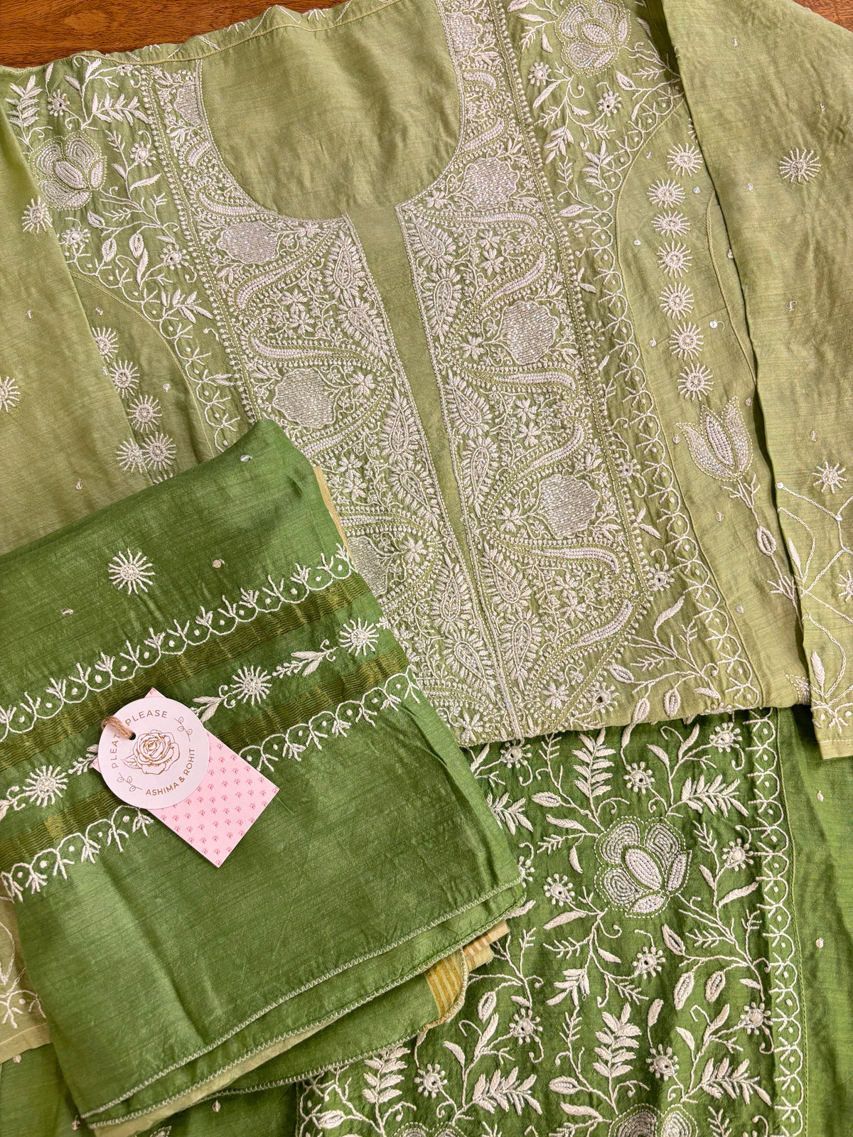 Green Ombré Pure Monga Silk Chikankari Anarkali & Dupatta
