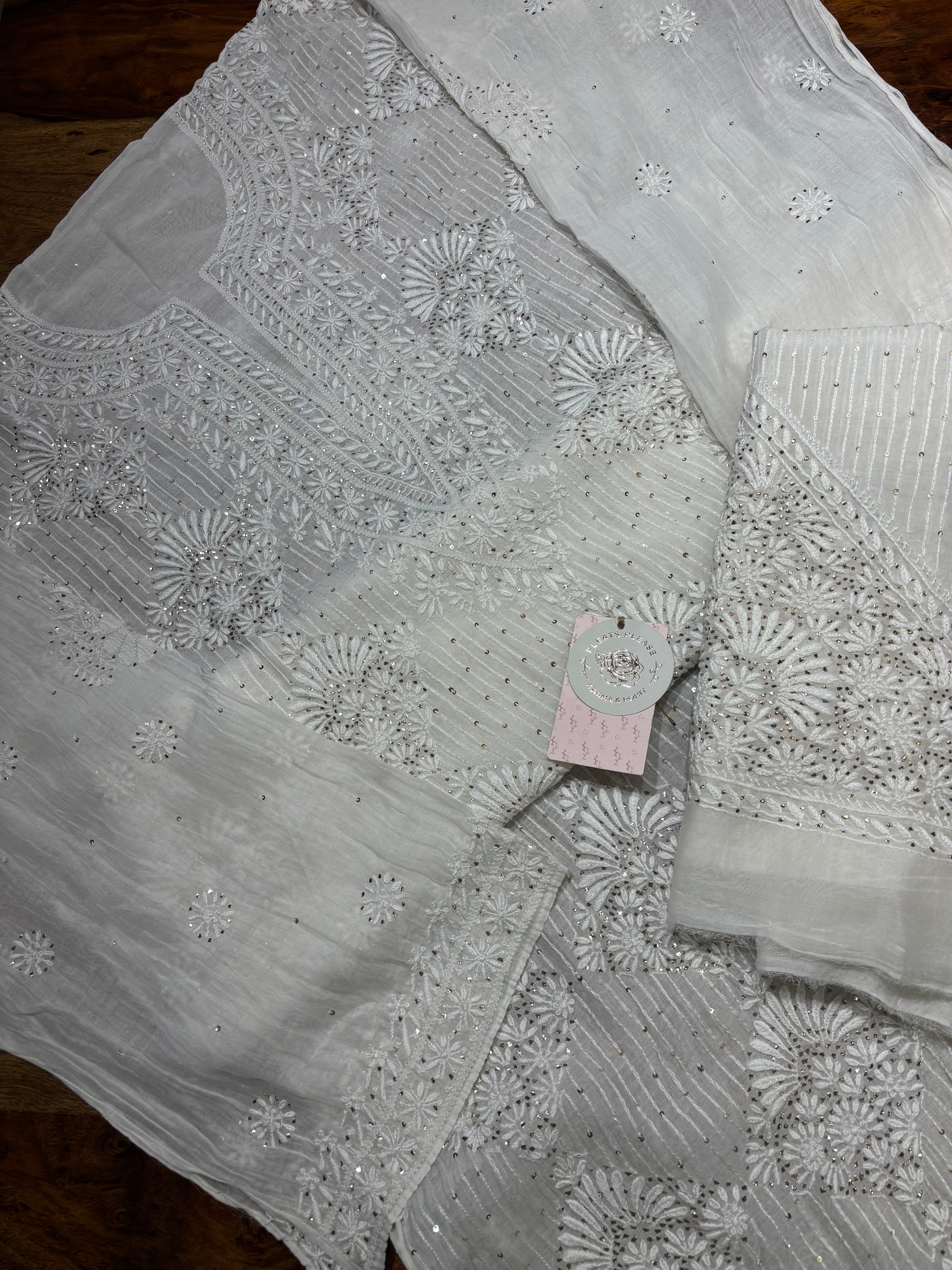 Dyeable Chanderi Mul Chikankari & Mukaish Kurta And Dupatta Set