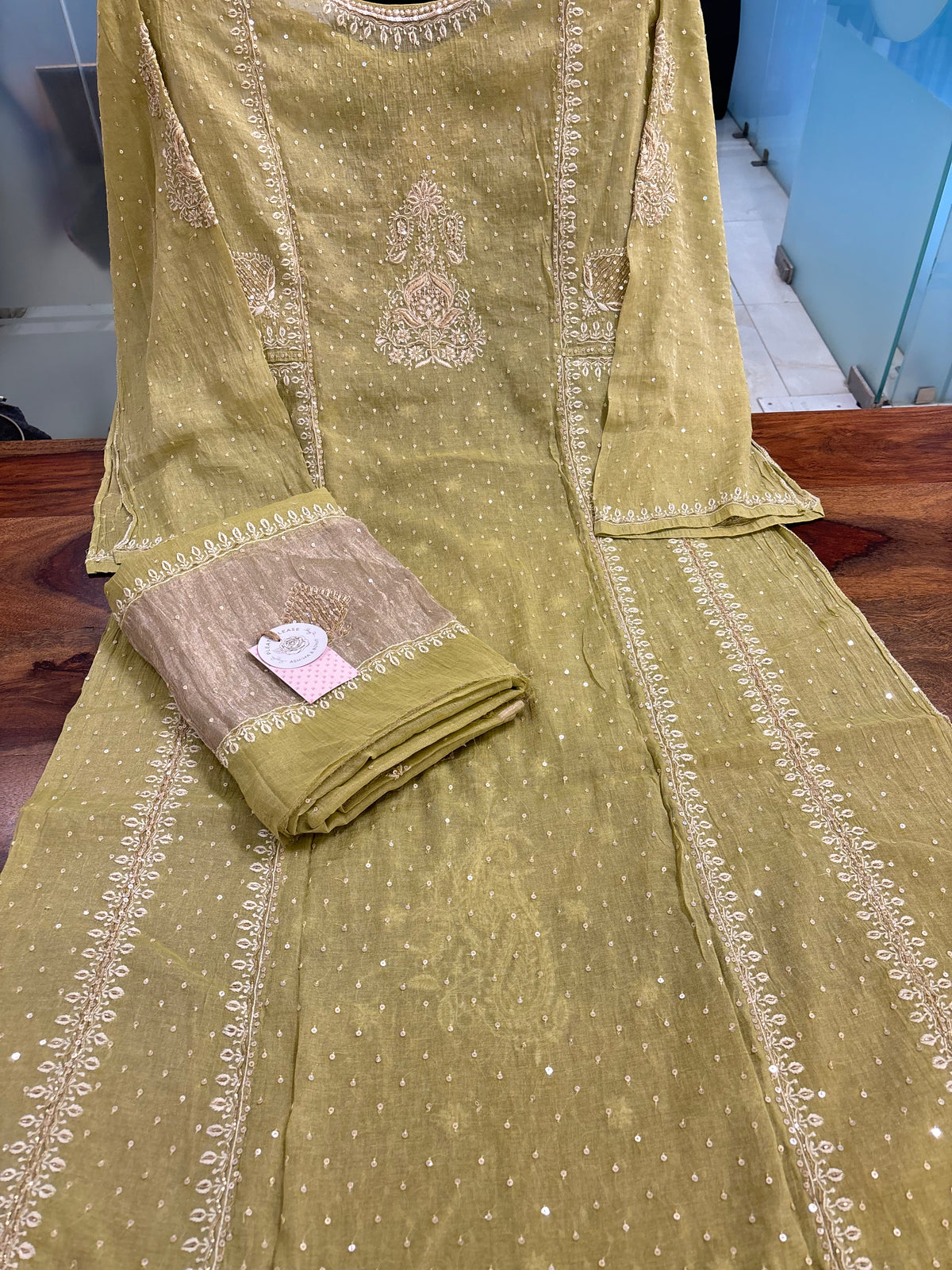 Warm Green Pure & Premium Tissue Pearl Neckline Chikankari Kurta & Dupatta