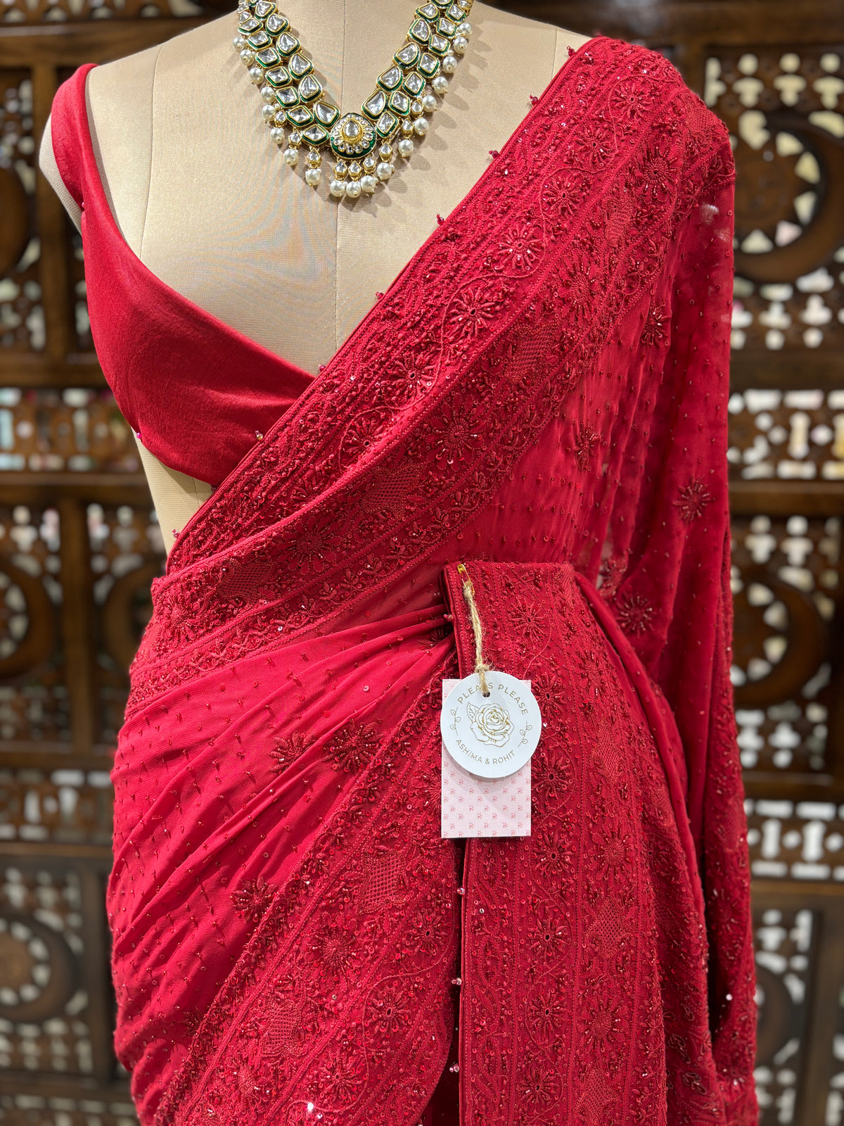 Red Pure & Premium Georgette Chikankari Saree