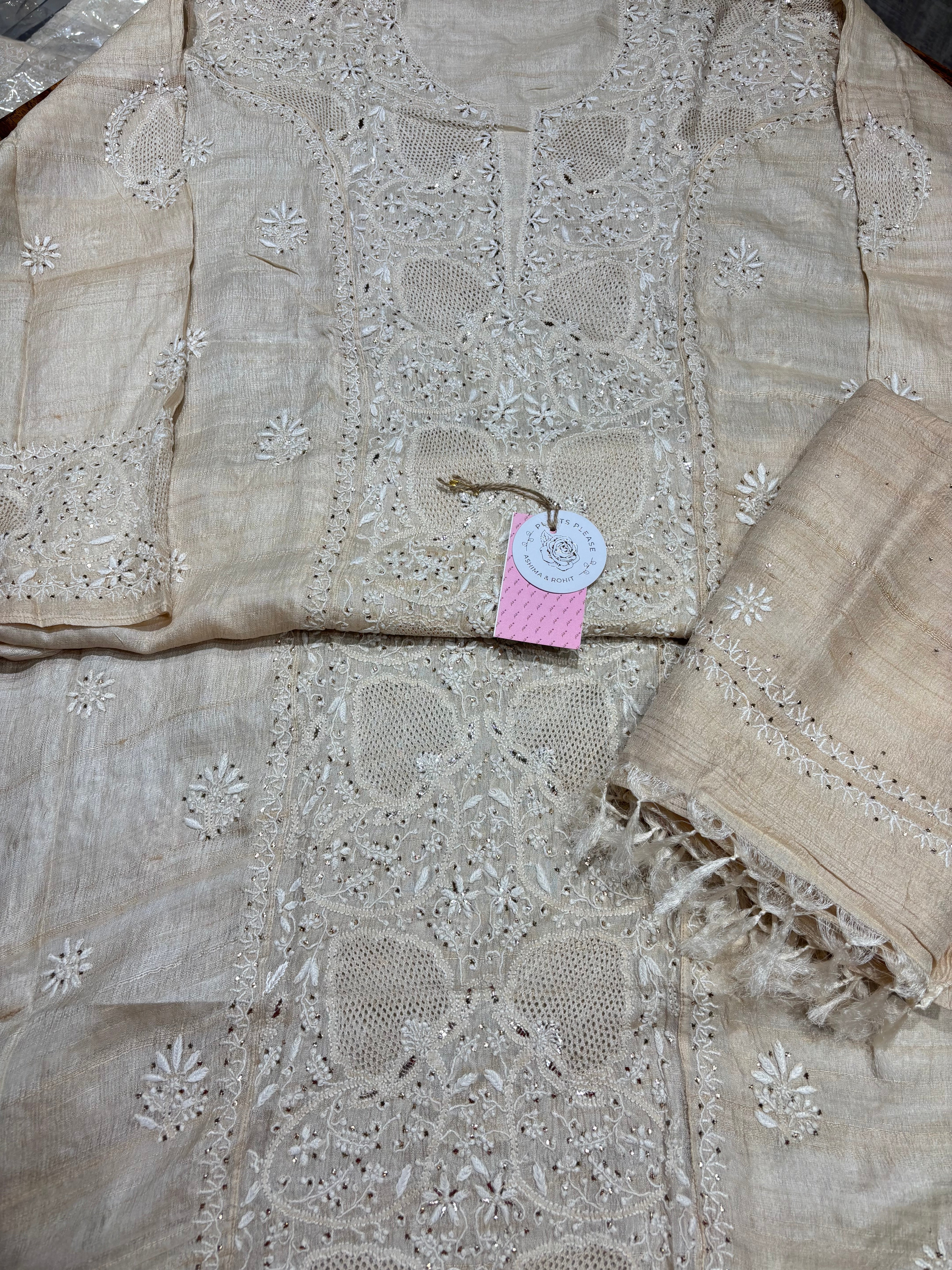Dyeable Pure & Premium Tassar Silk Chikankari Kurta & Dupatta Set