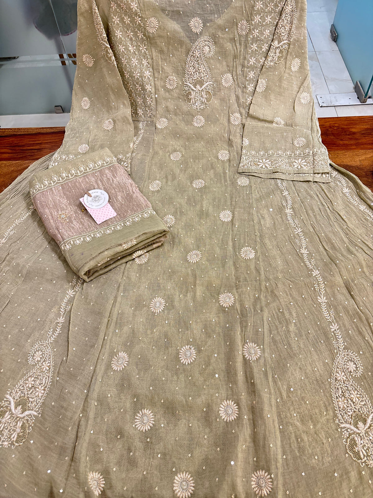 Pistachio Green Pure & Premium Tissue Jaal Chikankari Anarkali & Dupatta