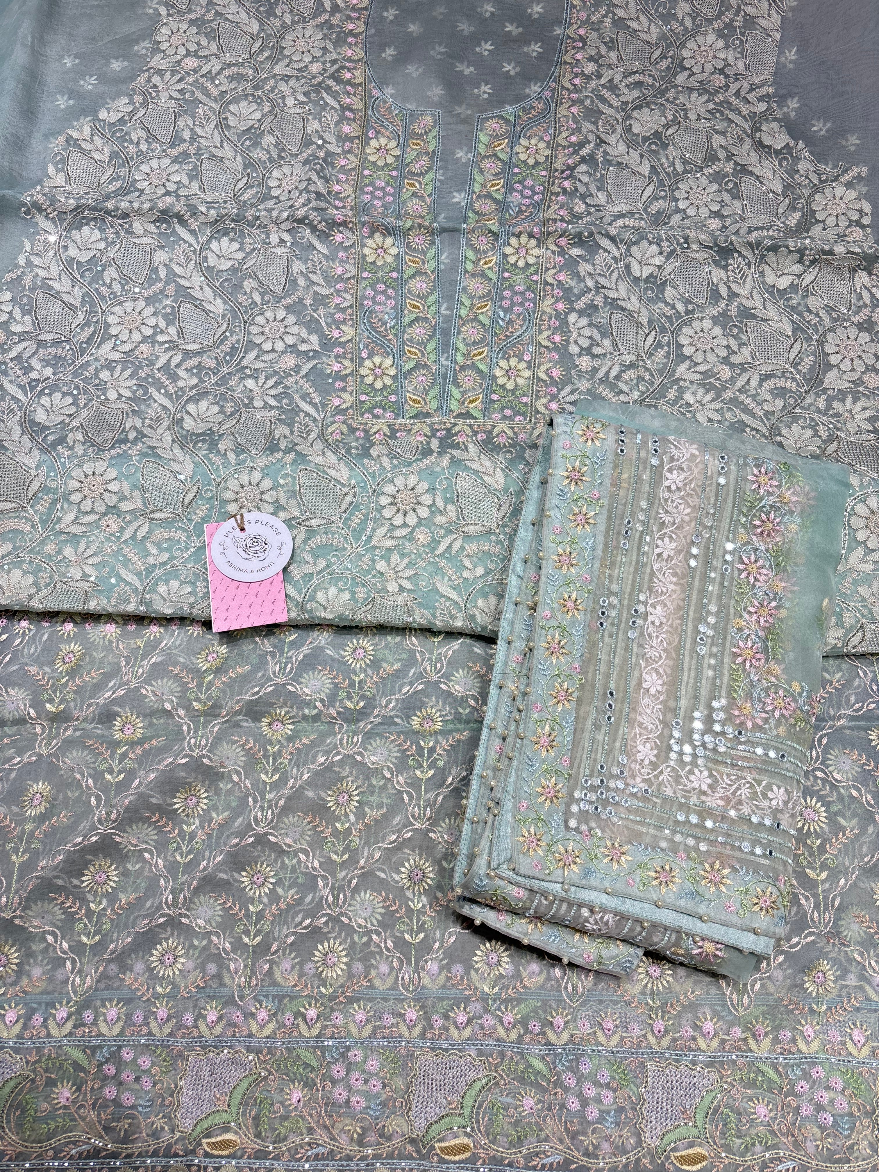 Sea Foam Pure & Premium Organza Silk Chikankari Kurta & Dupatta Fabric