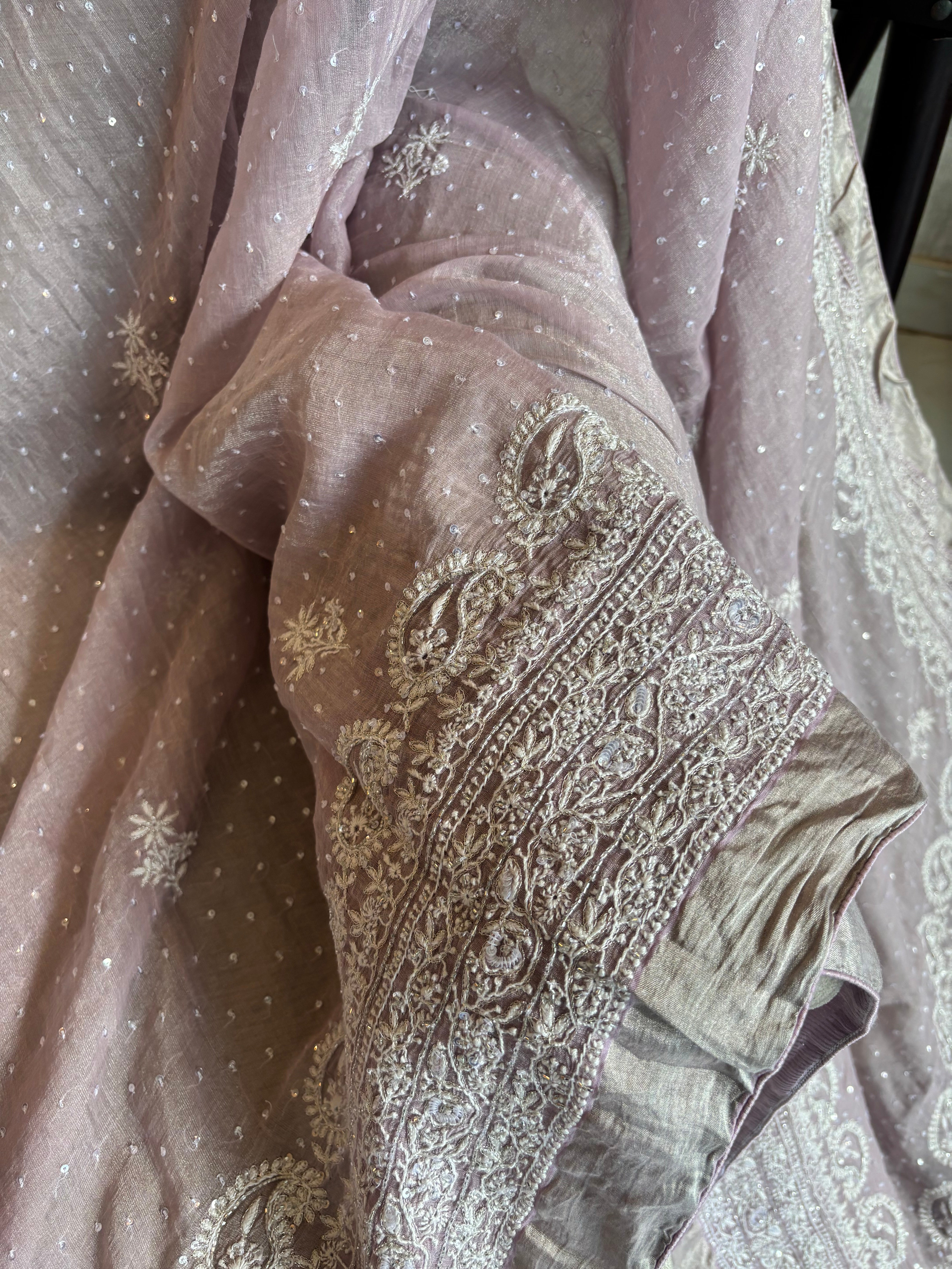 Lavender Pure and Premium Tissue Chikankari Saree and Blouse