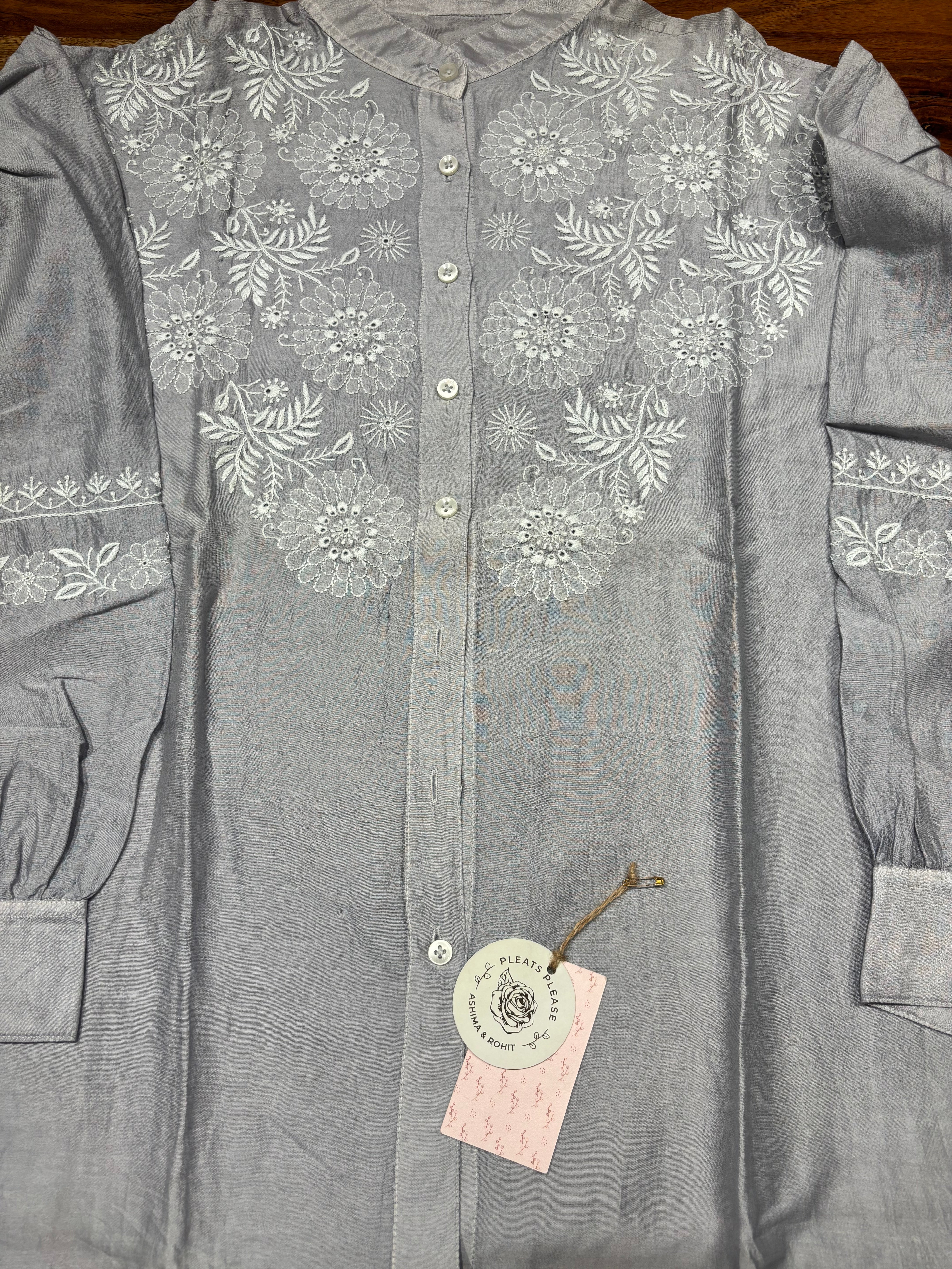 Gray Chanderi Silk Chikankari Shirt