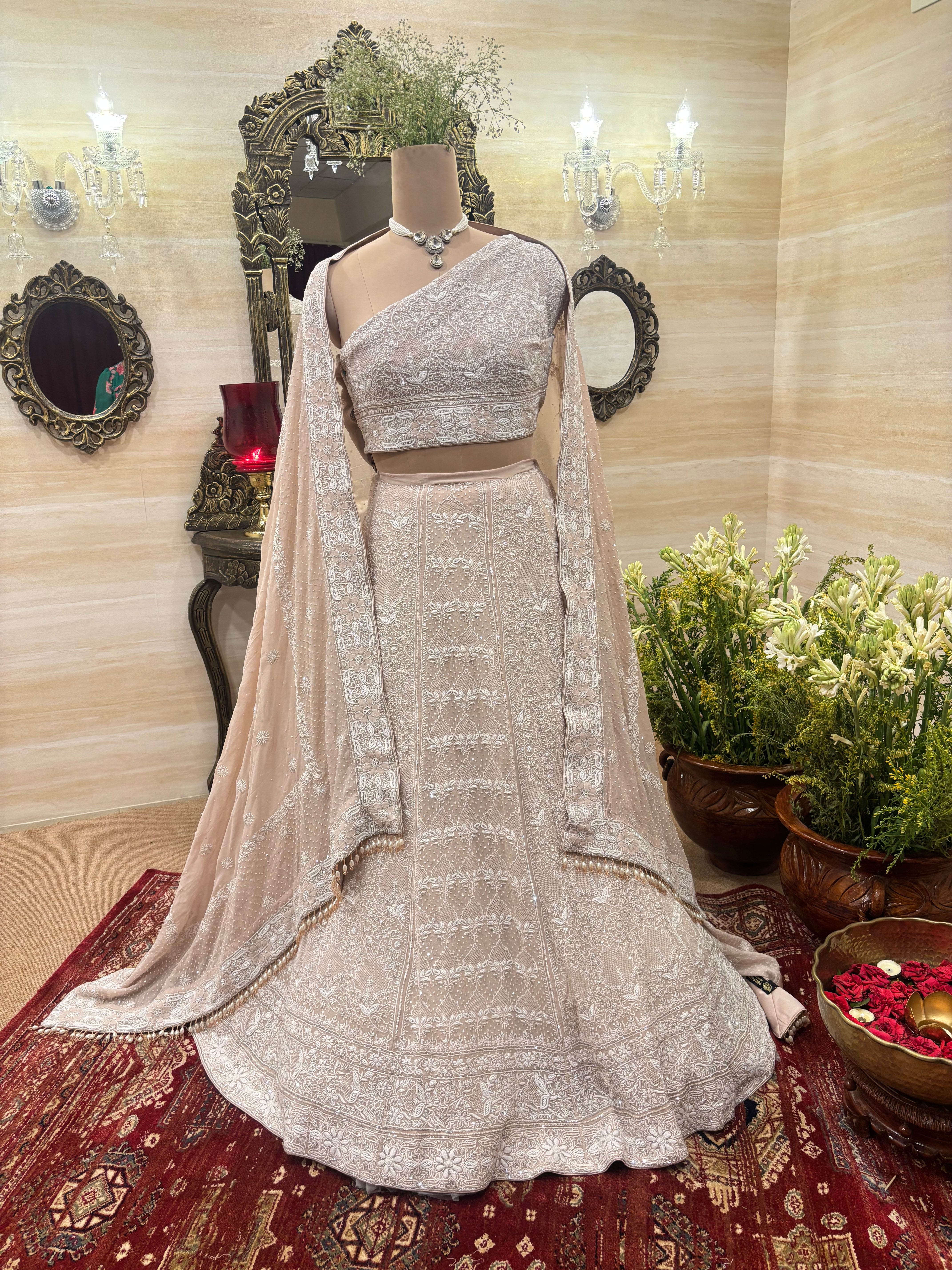 Nude Peach Pure & Premium Georgette Chikankari Lehenga Set
