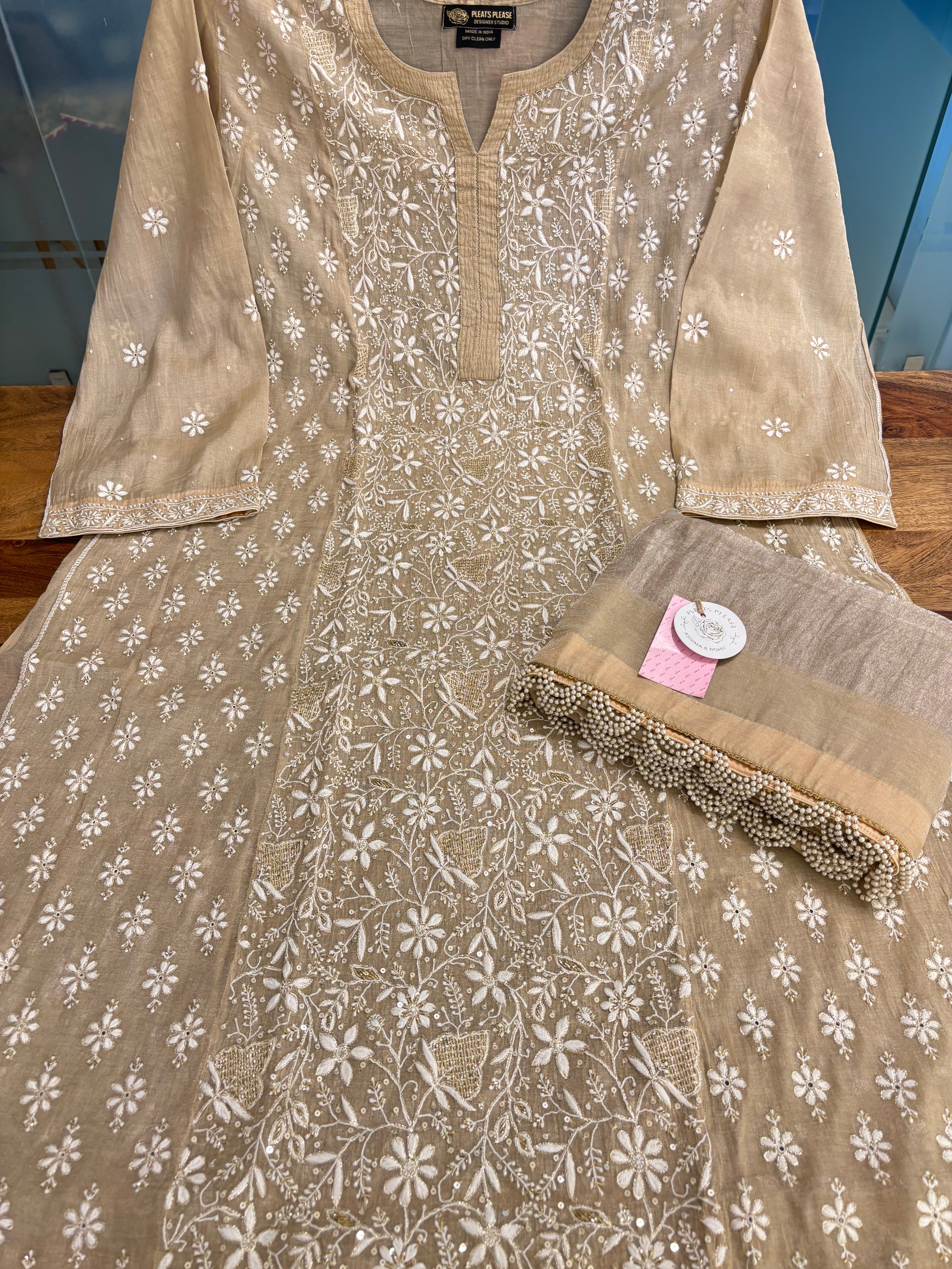 Beige Pure Tissue Chikankari Kurta & Dupatta