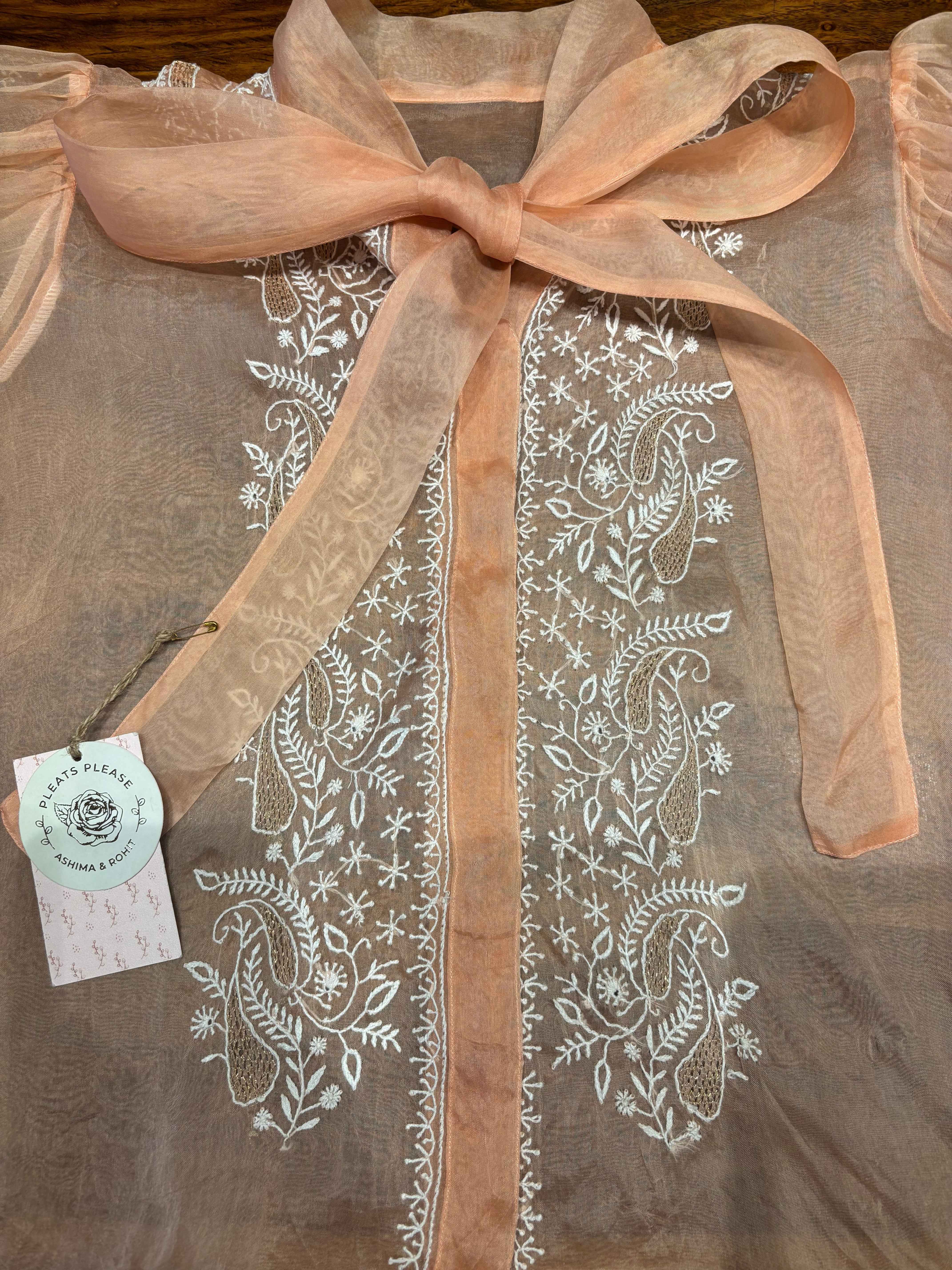 Peach Organza Silk Chikankari Shirt - Pleats PleaseChikankari