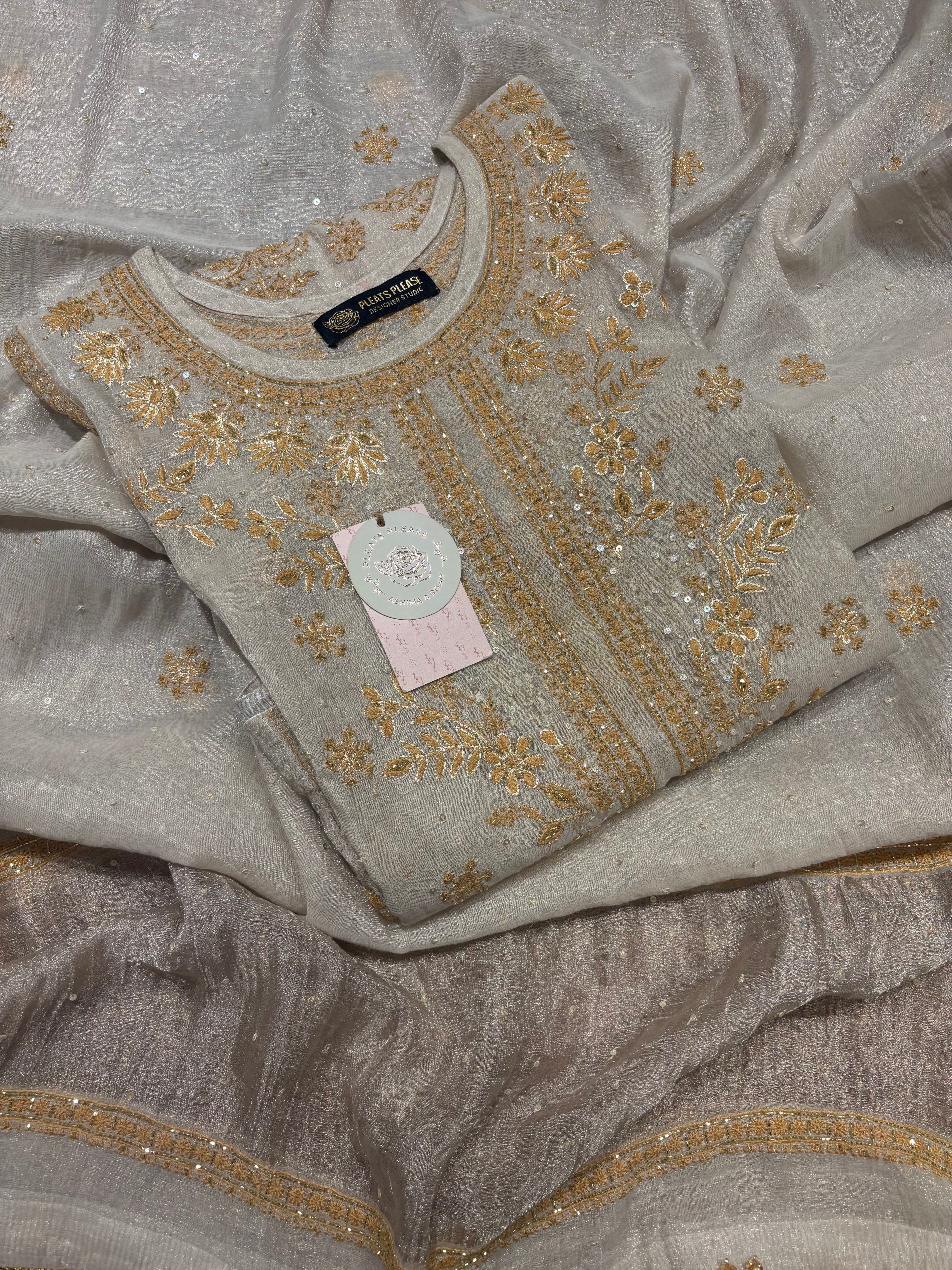 Dyeable Pure & Premium Silver Tissue Chikankari A- Line Anarkali & Dupatta Set