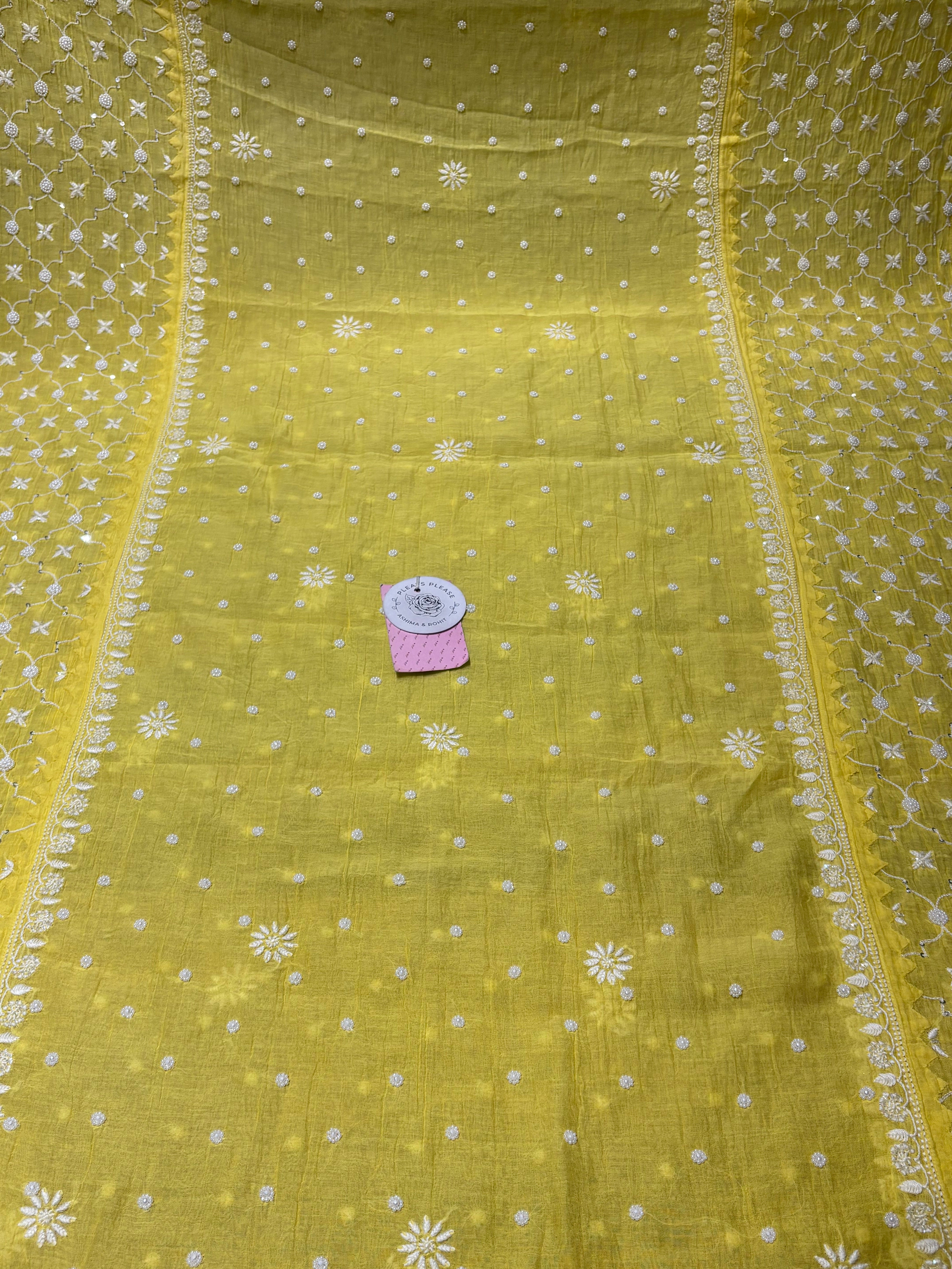Lemon Yellow Pure Chanderi Chikankari Kurta & Dupatta