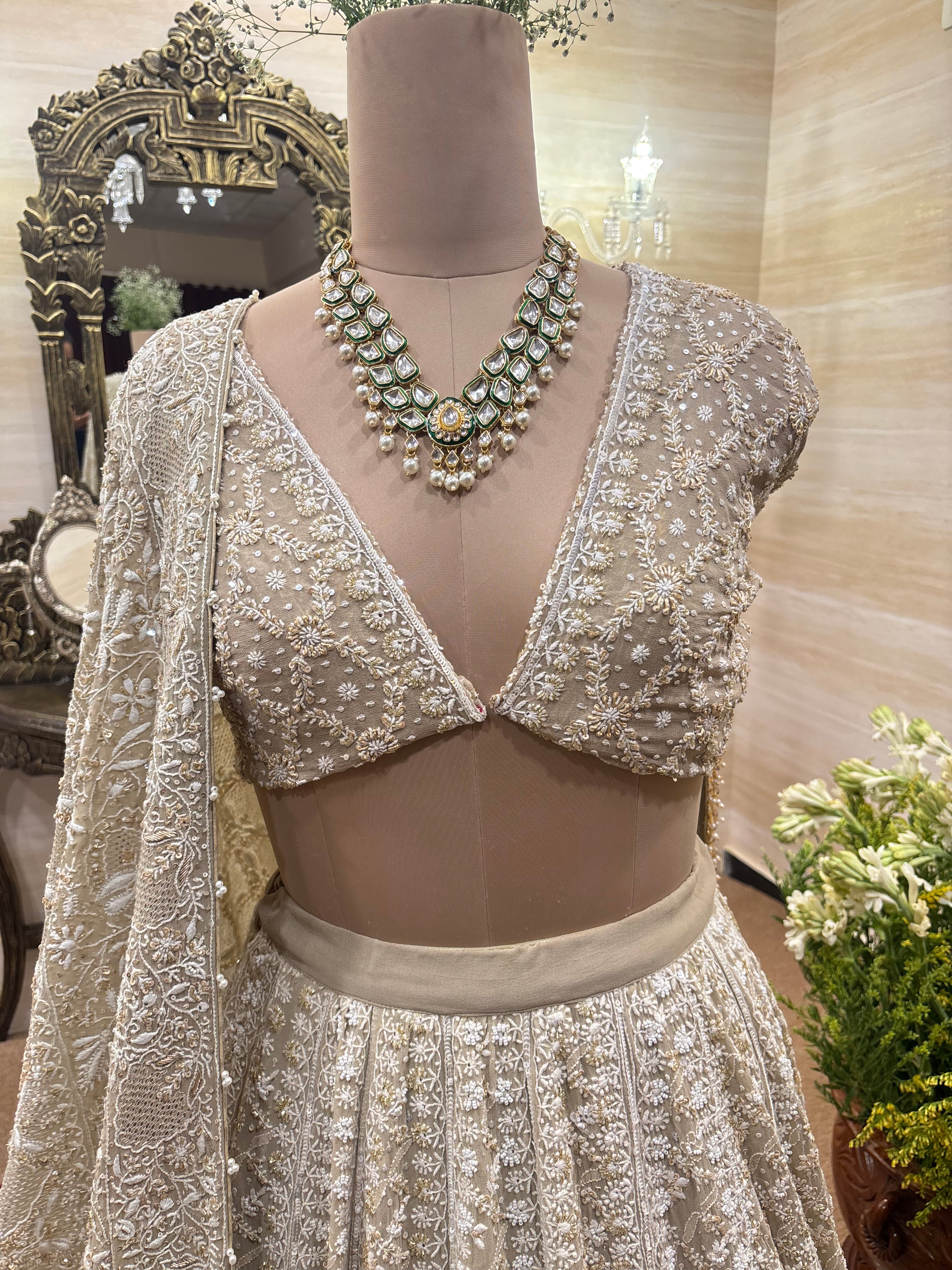 Brown Pure & Premium Georgette Chikankari Lehenga Set