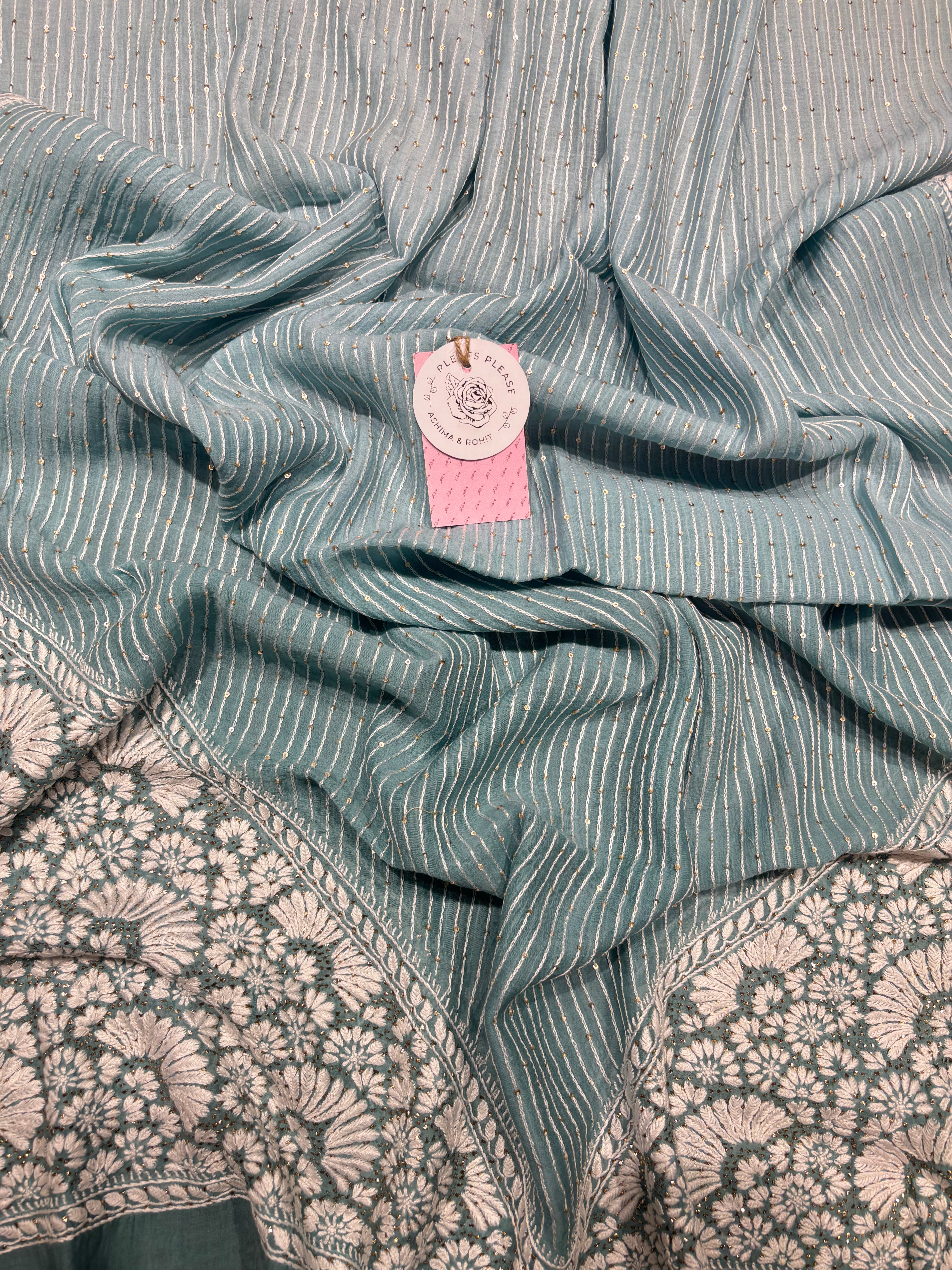 Sea foam Ombre Chanderi Mul Chikankari & Mukaish Kurta and Dupatta Set