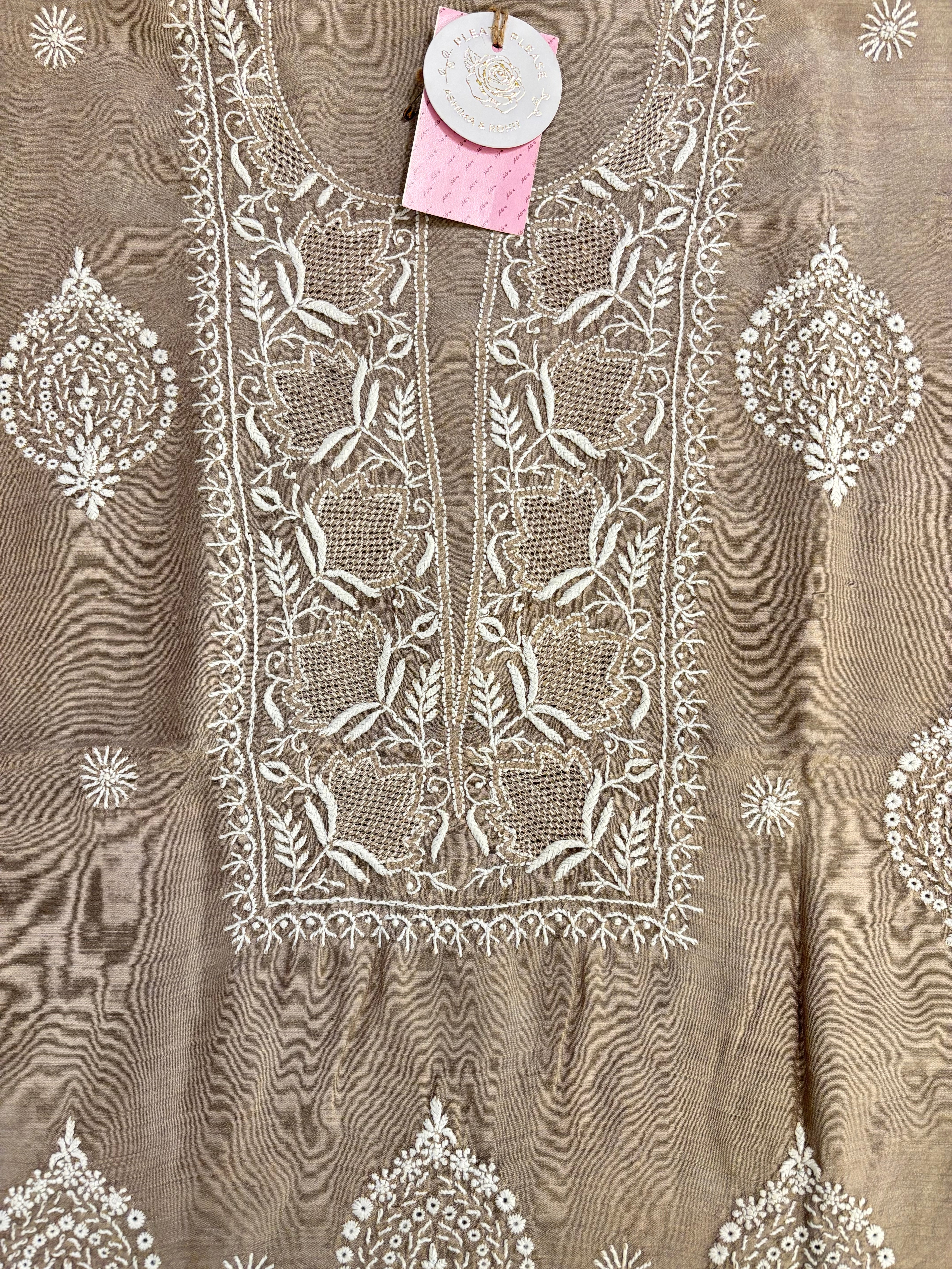 Hazelnut Brown Monga Silk Chikankari Kurta & Dupatta