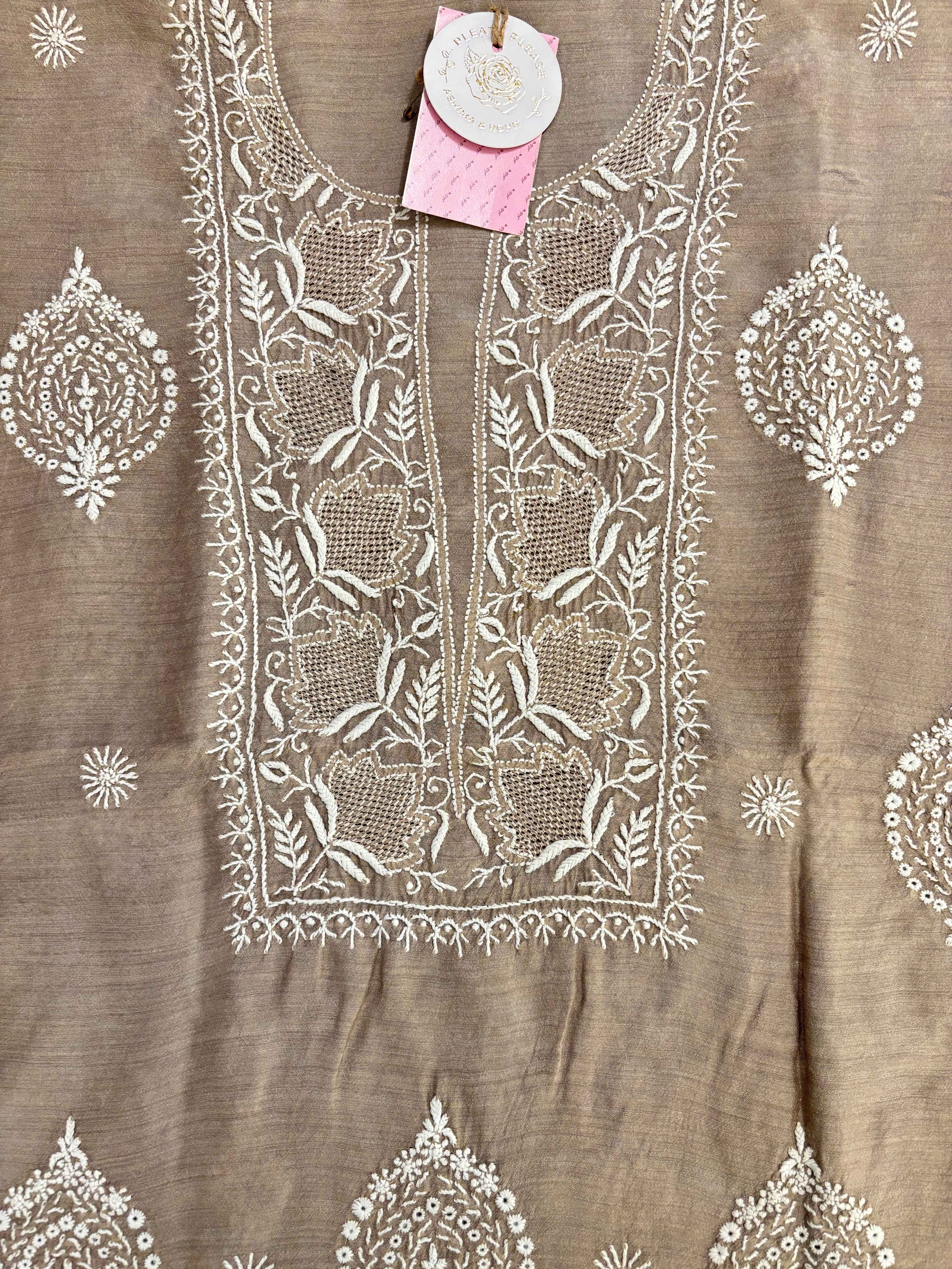 Hazelnut Brown Monga Silk Chikankari Kurta & Dupatta