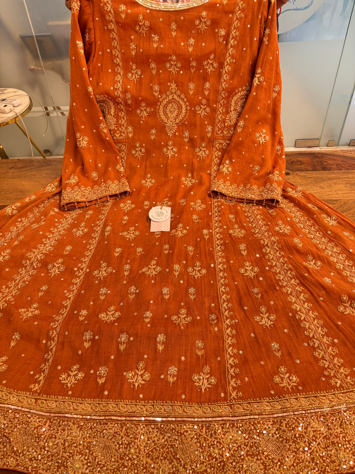 Burnt Orange Pure & Premium Tissue Chikankari Anarkali And Dupatta With Bottom