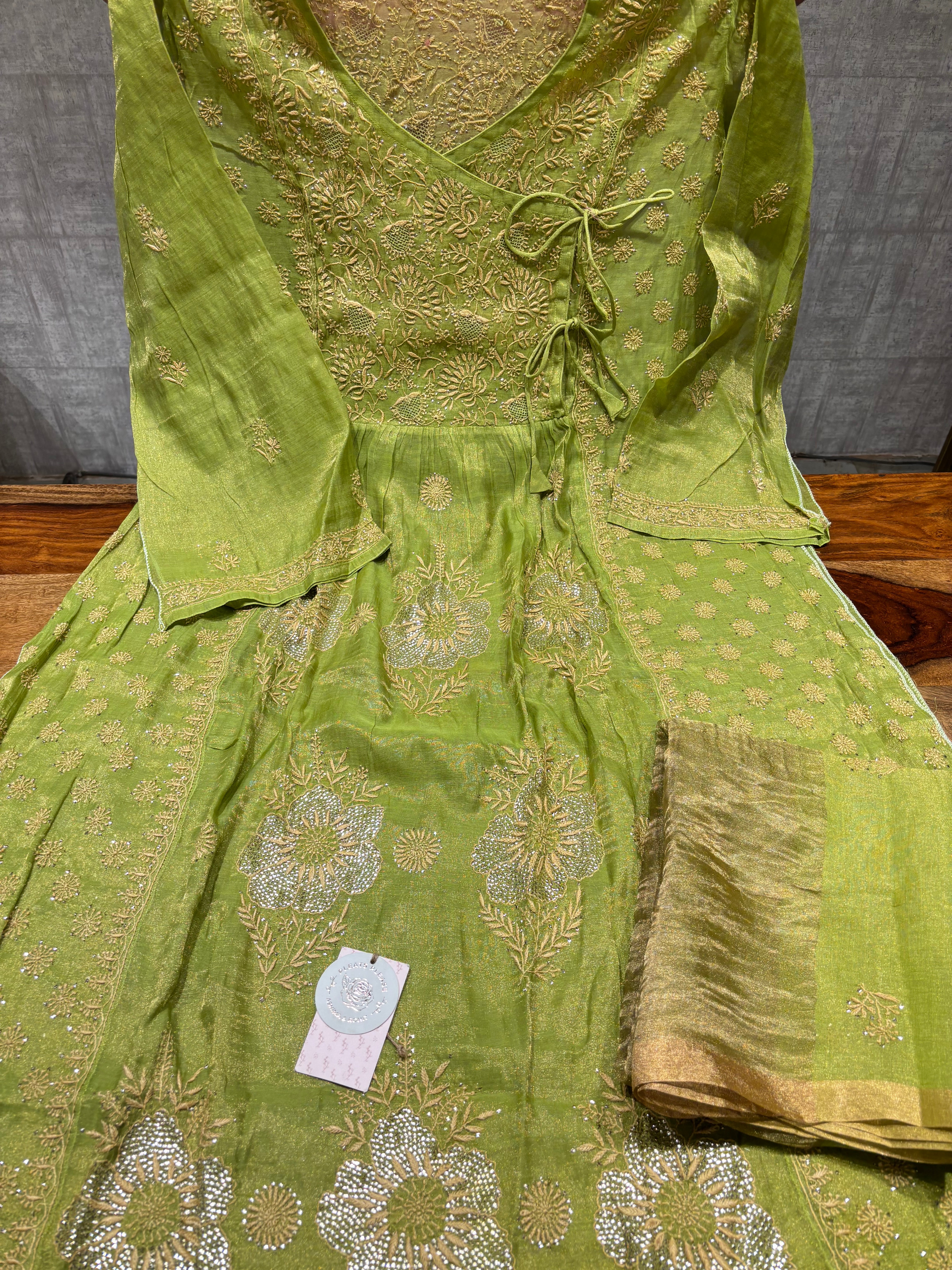 Green Pure and Premium Tissue Chikankari & Mukaish Angrakha Kurta and Dupatta Set