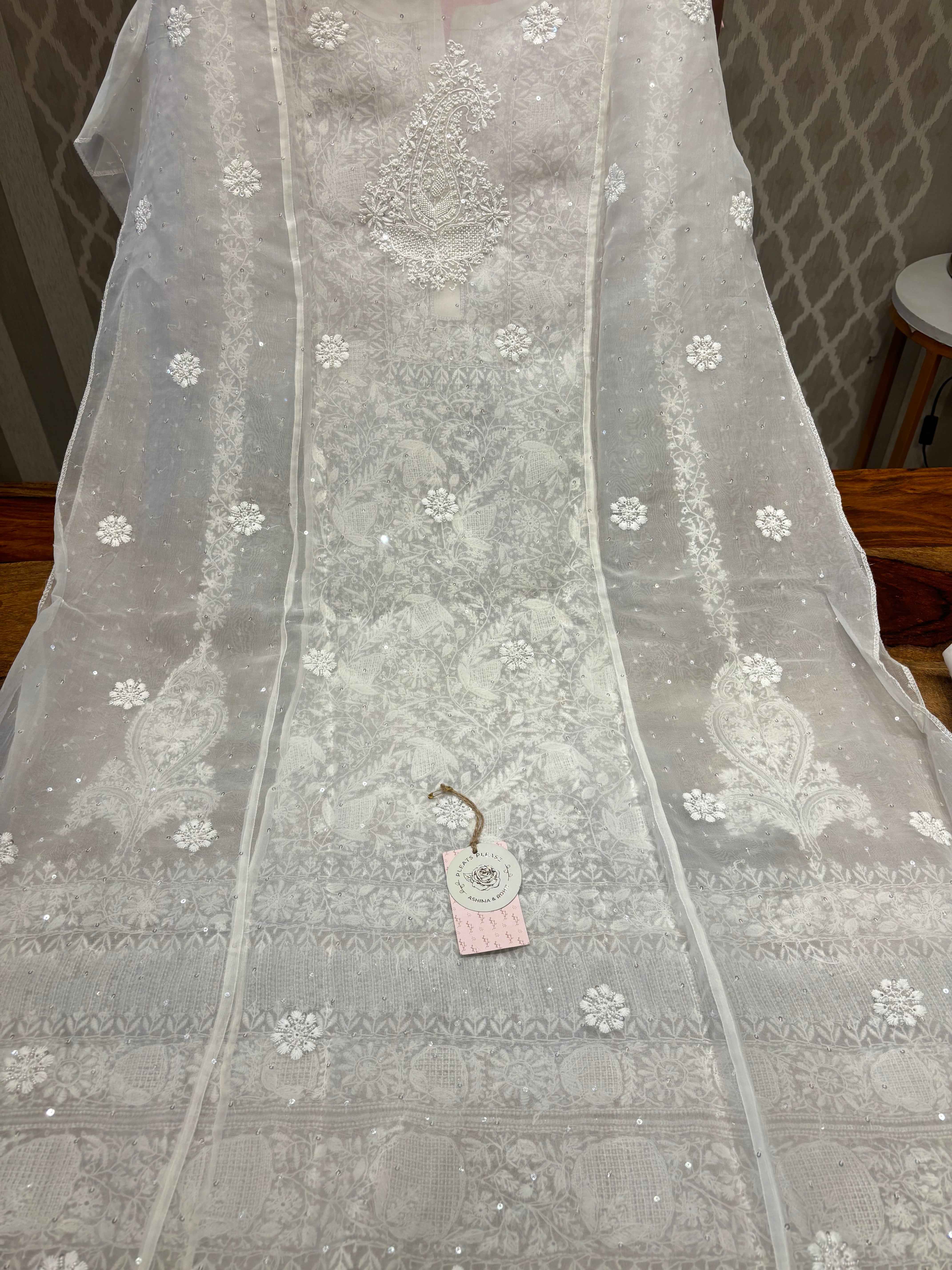 Dyeable Pure and Premium Organza Aline Anarkali and Dupatta - Pleats PleaseChikankari