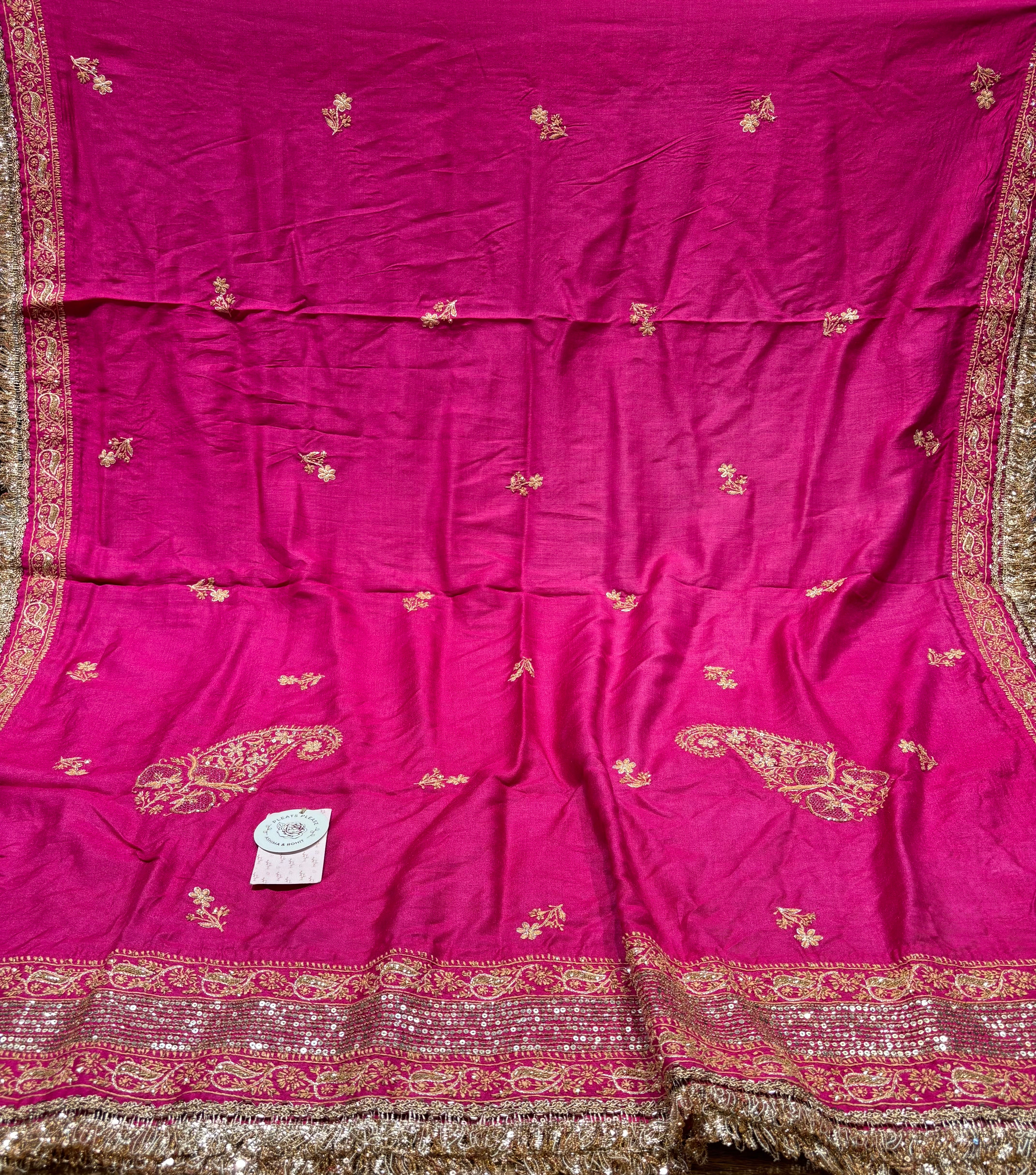 Fuschia Pink Monga Silk Chikankari A-Line Anarkali & Dupatta Set