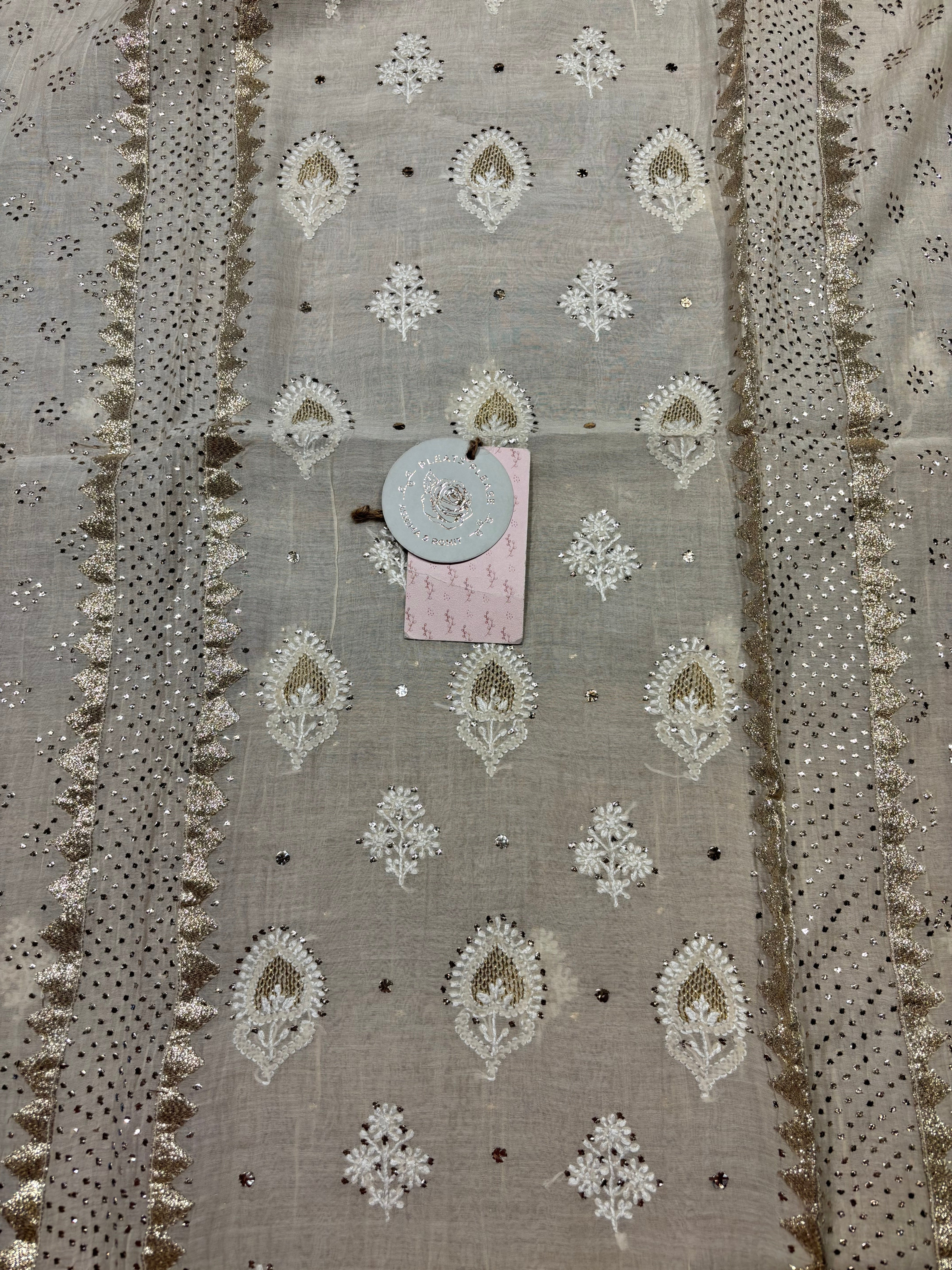 Off White Chanderi Mul Chikankari & Mukaish Kurta & Dupatta Set