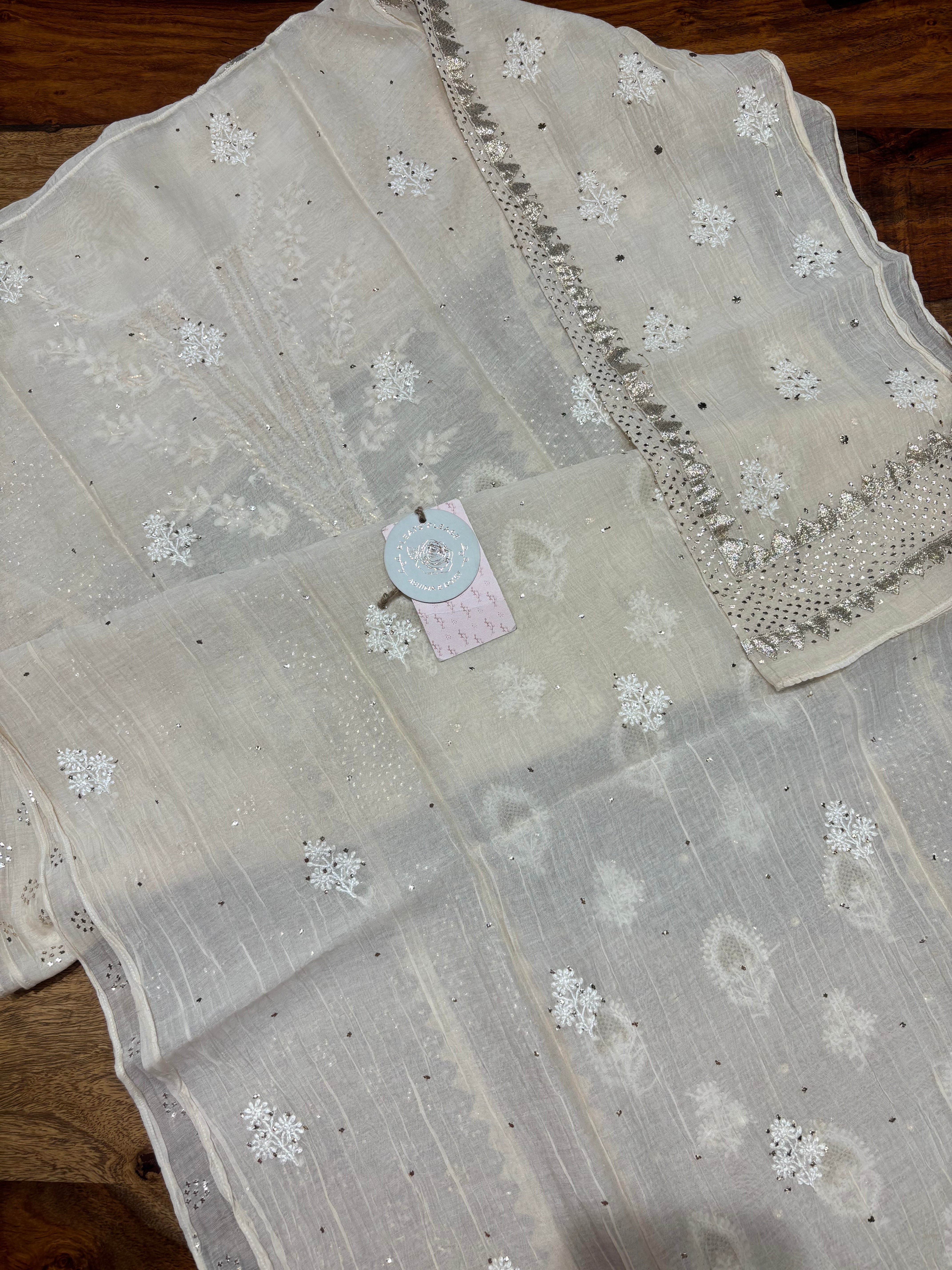 Off White Chanderi Mul Chikankari & Mukaish Kurta & Dupatta Set