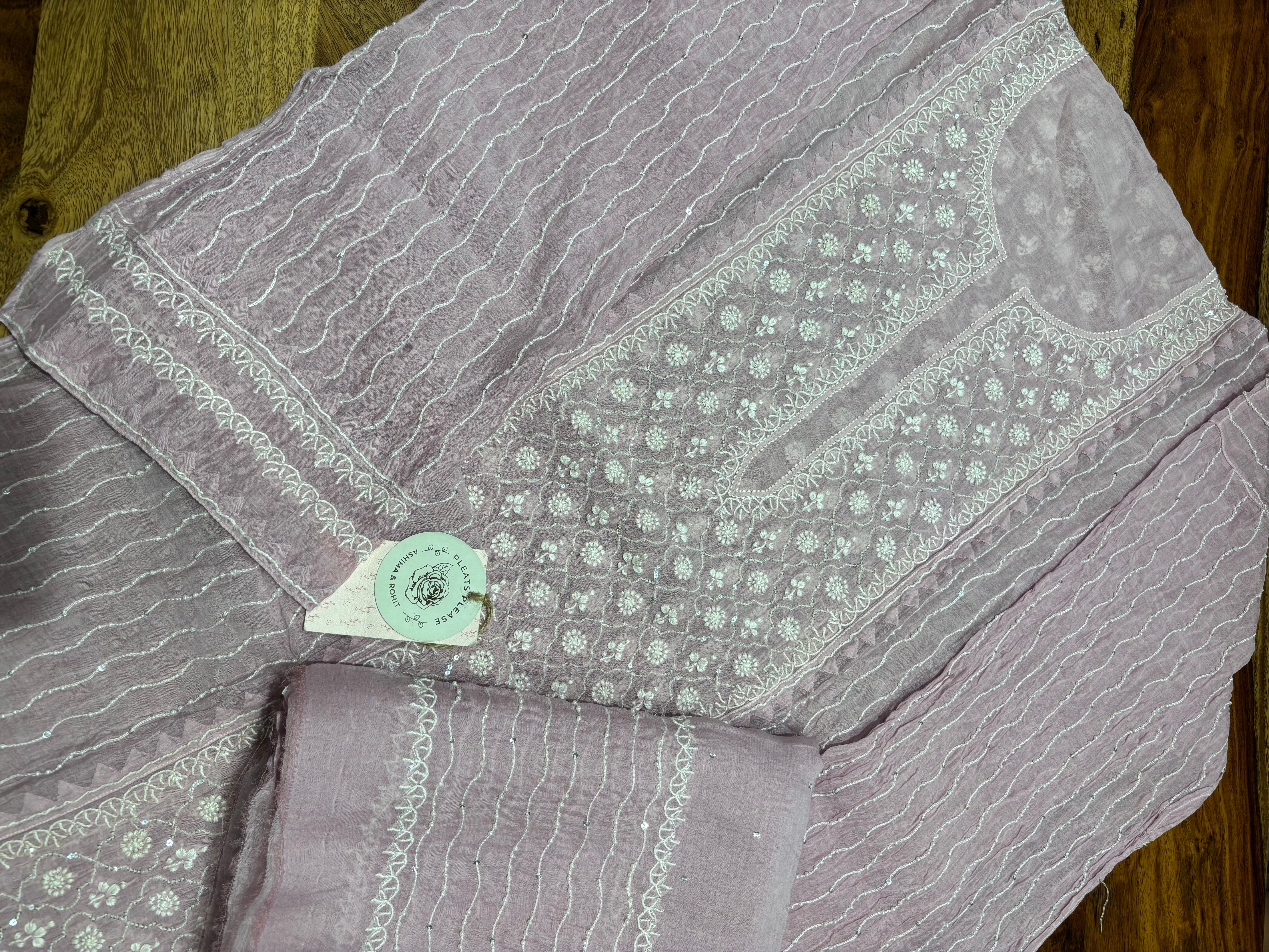 Lavender Chanderi Mul Chikankari Kurta & Dupatta Set