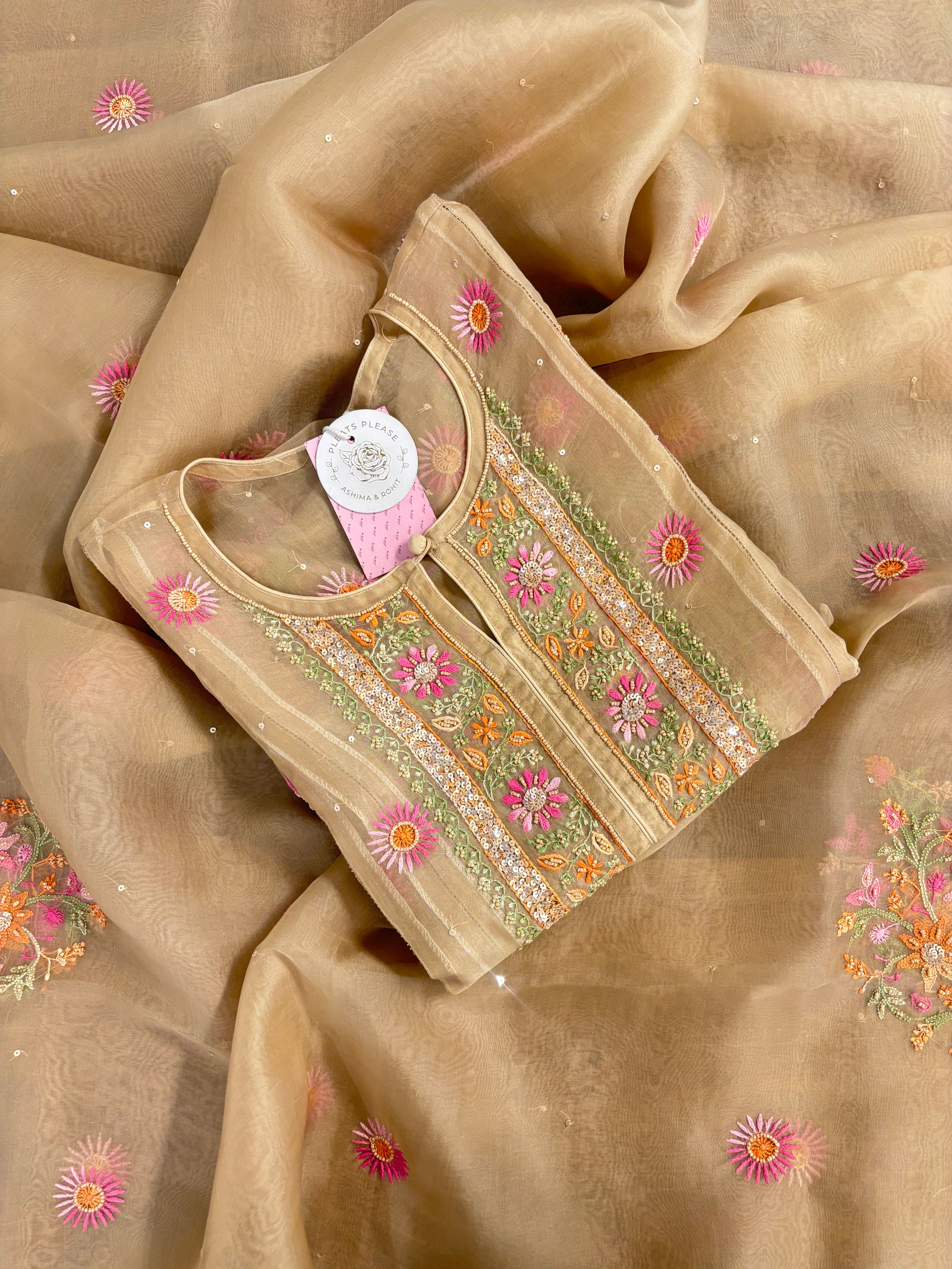 Muddy Gold Pure Organza Silk Chikankari Kurta & Dupatta