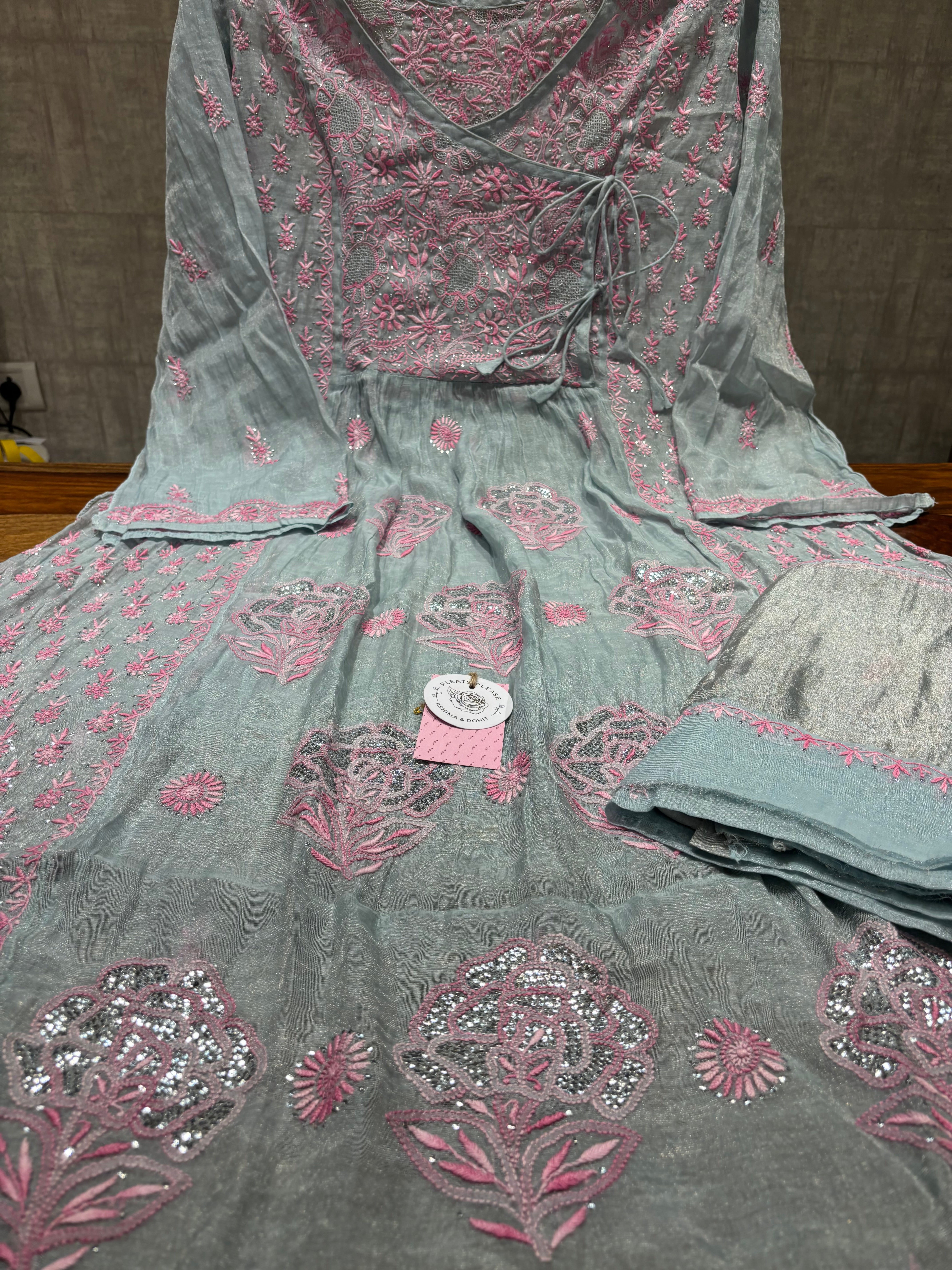 Powder Blue Pure and Premium Tissue Chikankari &Mukaish Angrakha Kurta and Dupatta Set