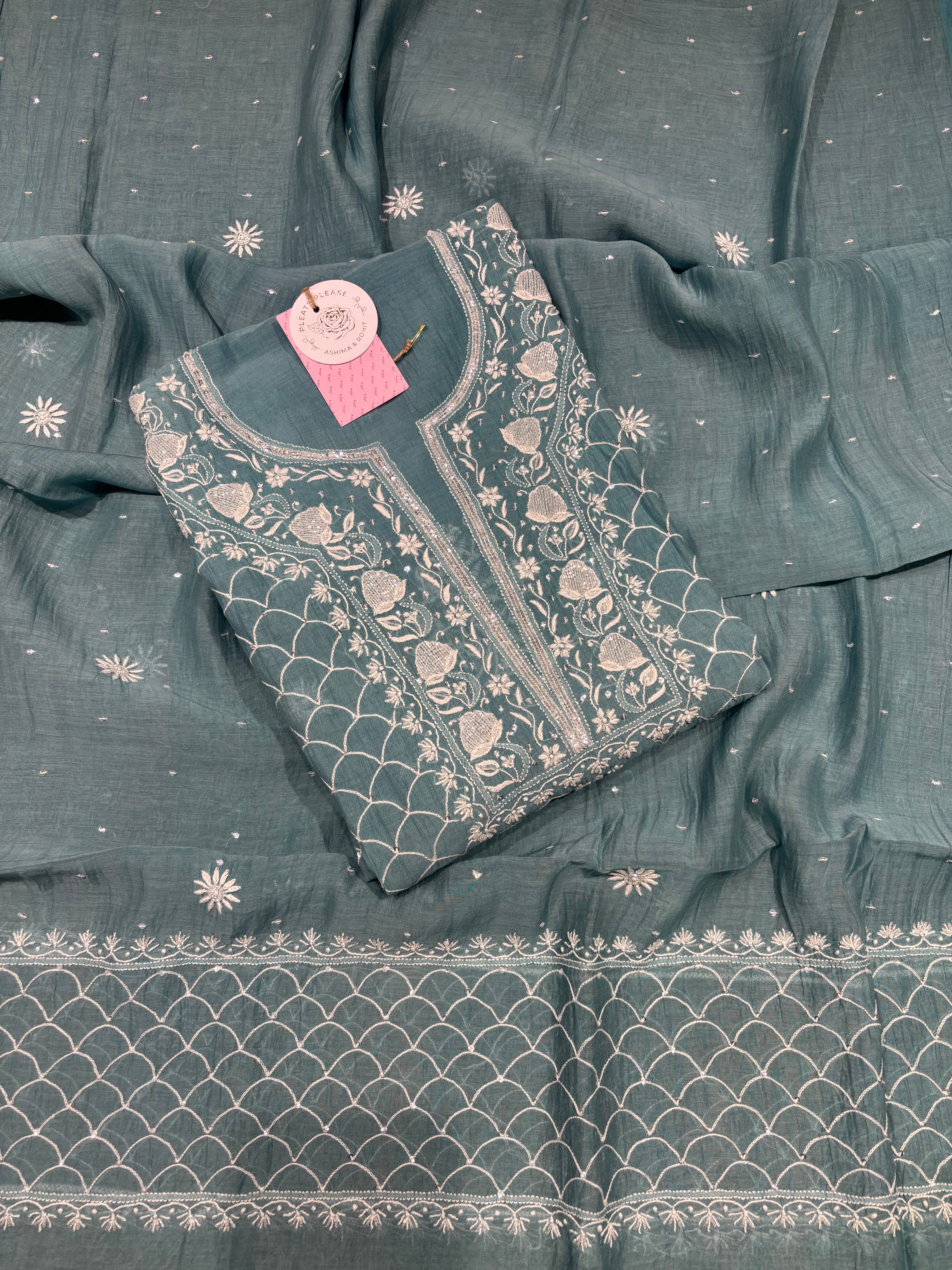 Turquoise Blue Chanderi Mul Chikankari Kurta & Dupatta Set