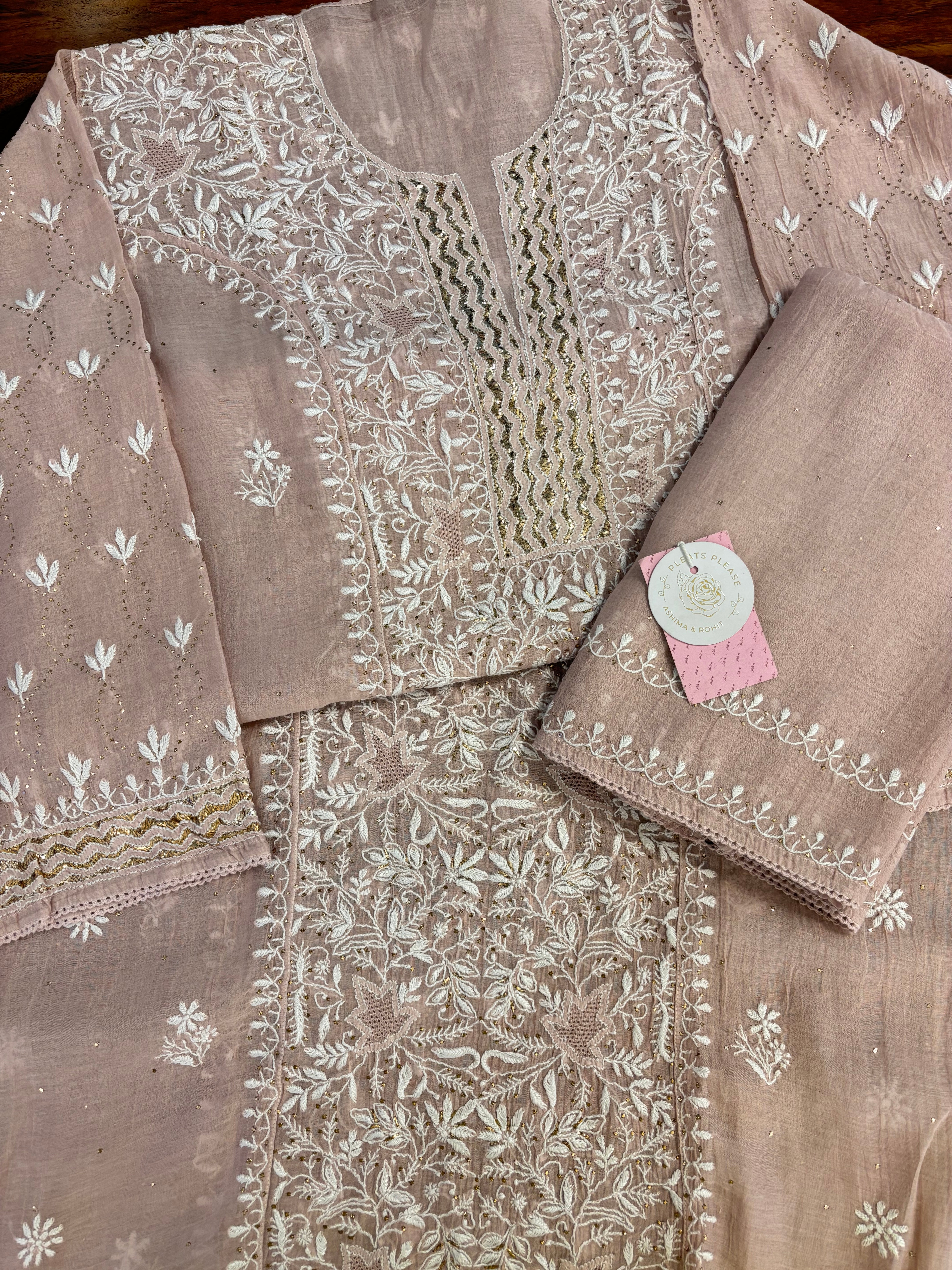 Peachy Rose Chanderi Mul Mukaish & Chikankari Kurta & Dupatta