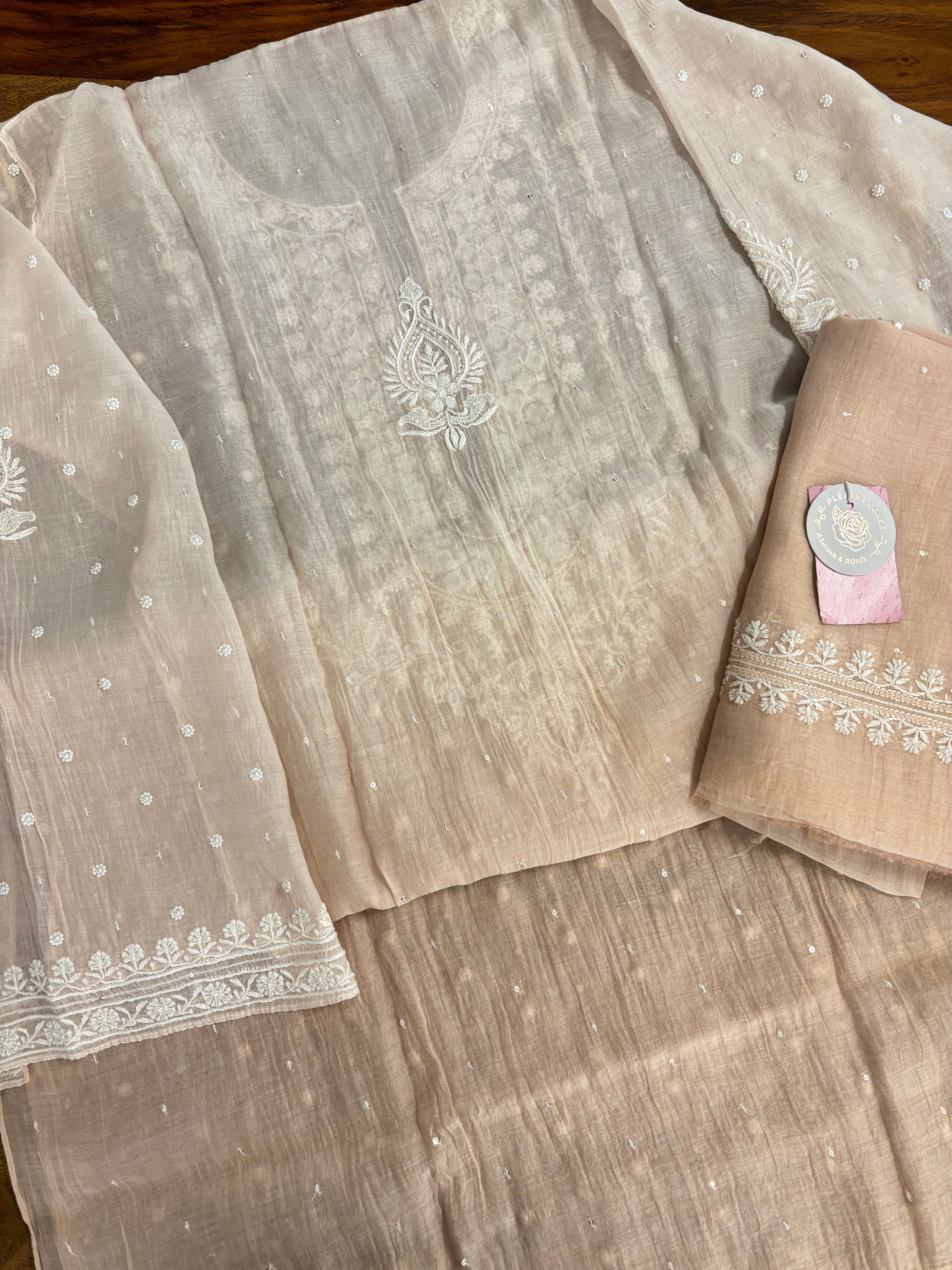 Champagne Pure Chanderi Ombre Chikankari Kurta & Dupatta - Pleats PleaseChikankari